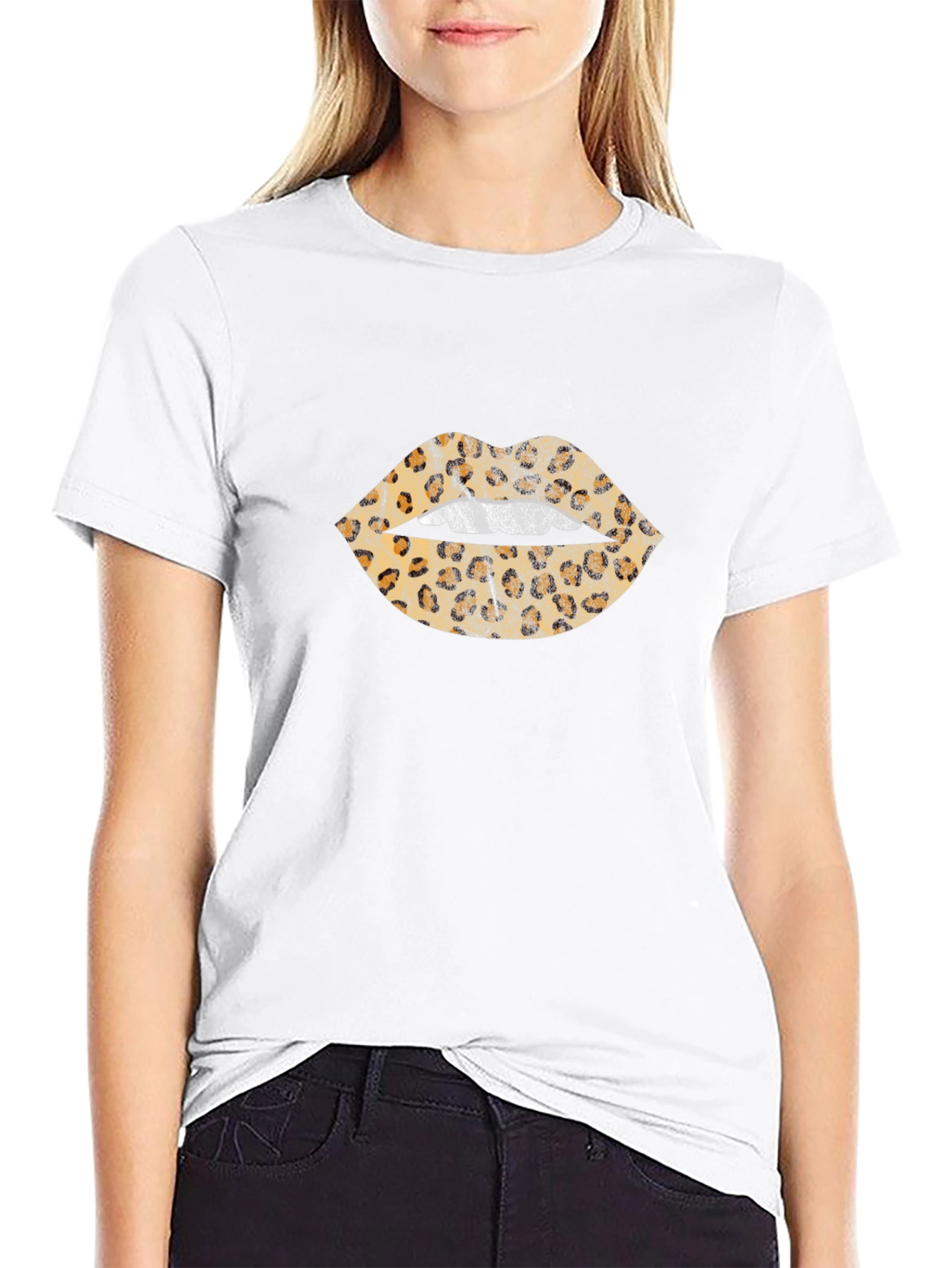 Leopard Print Lips Graphic Black T-Shirt