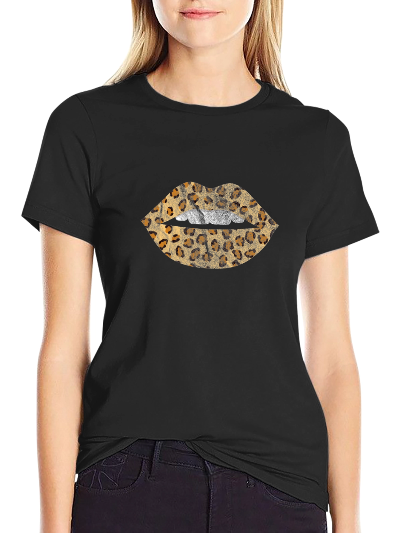 Leopard Print Lips Graphic Black T-Shirt