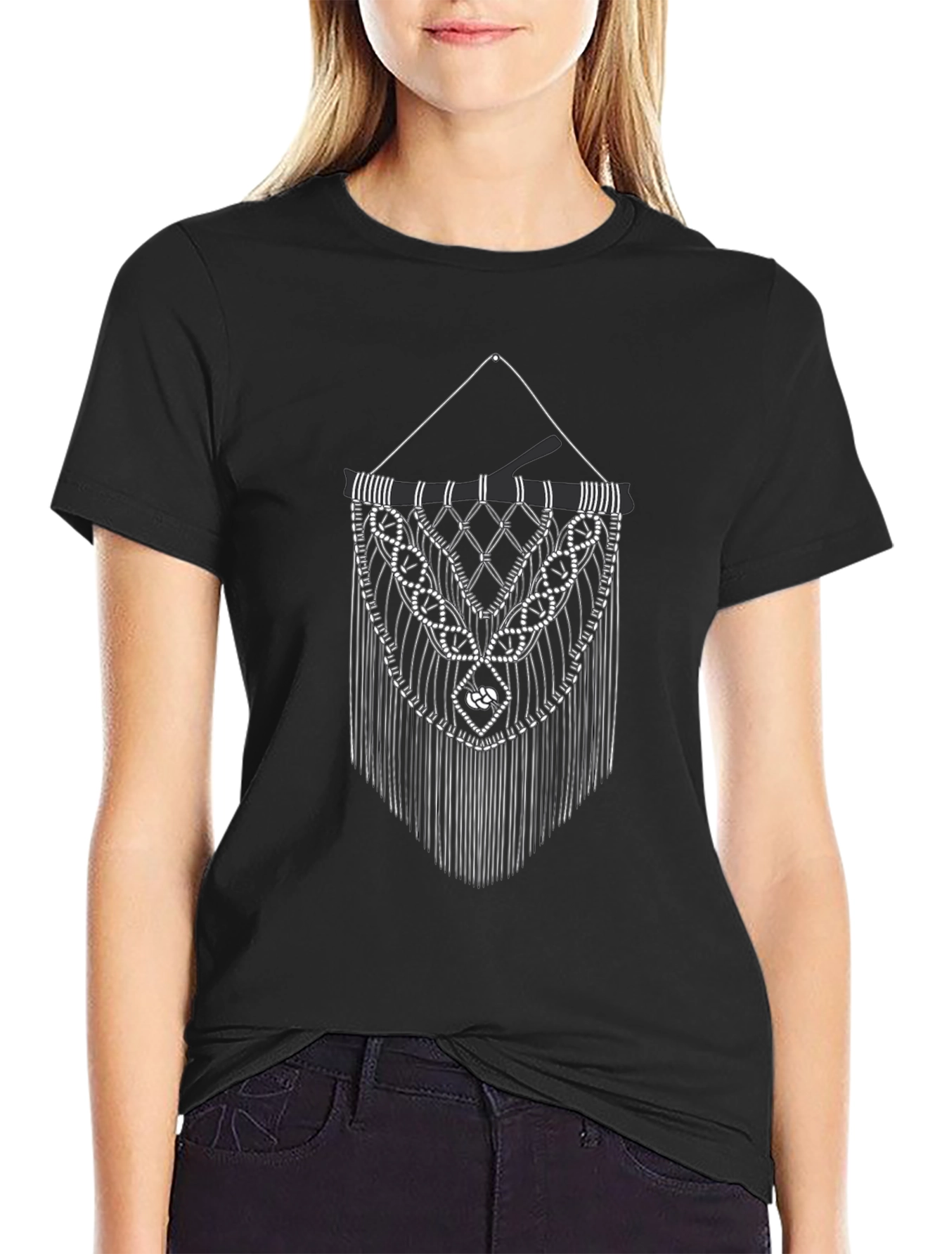 Black T-Shirt with Macrame Design