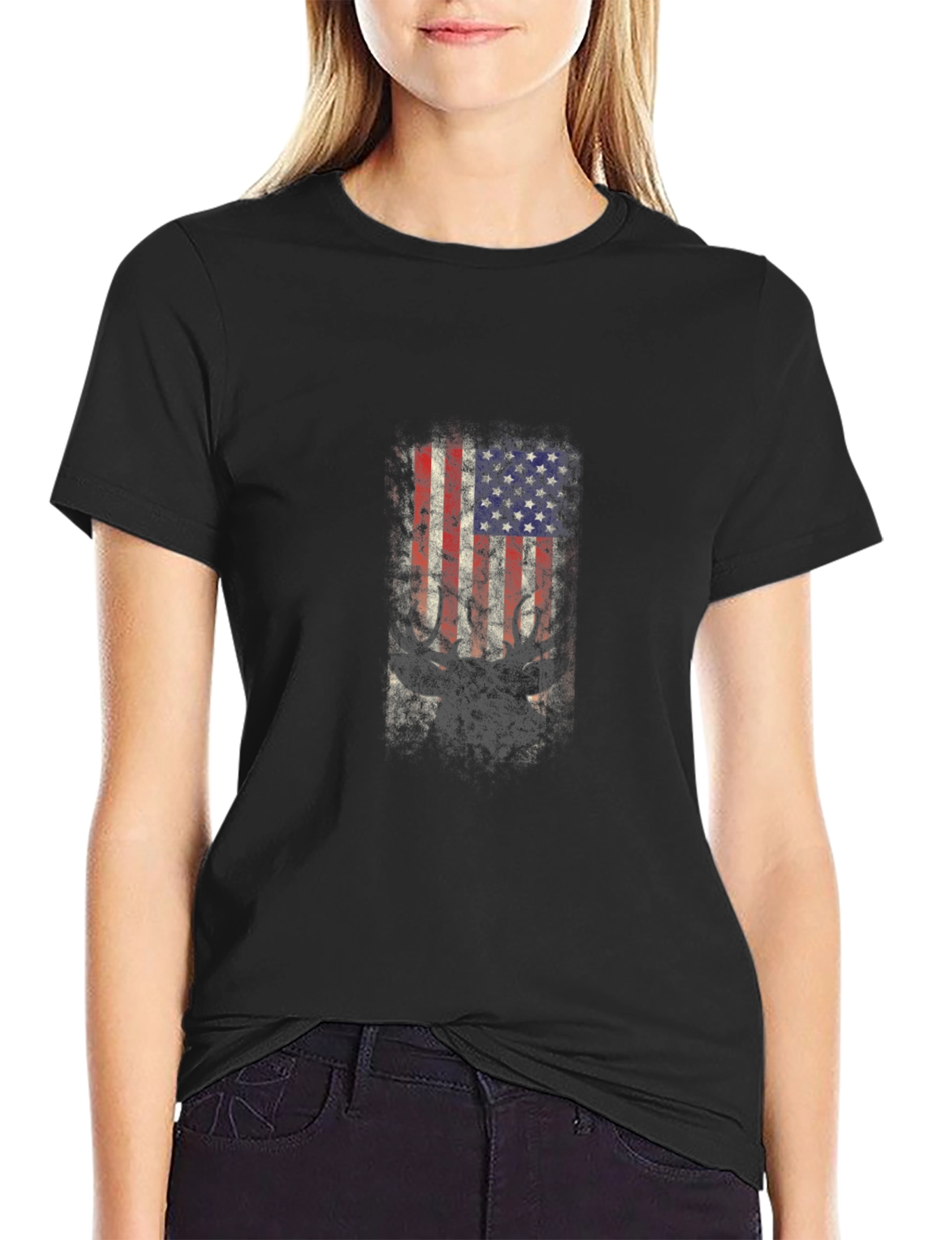 American Flag Deer Graphic Tee - Black