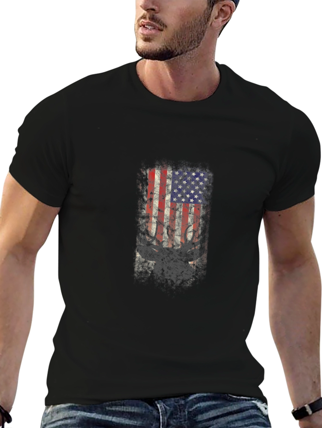 American Flag Deer Graphic Tee - Black