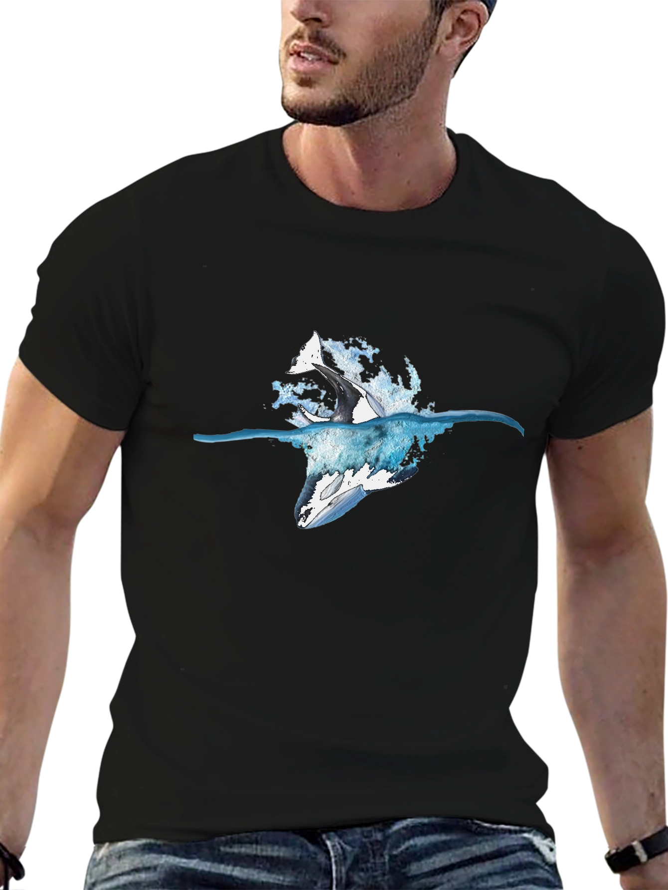 Orca Splash Black T-Shirt - Marine Life Design
