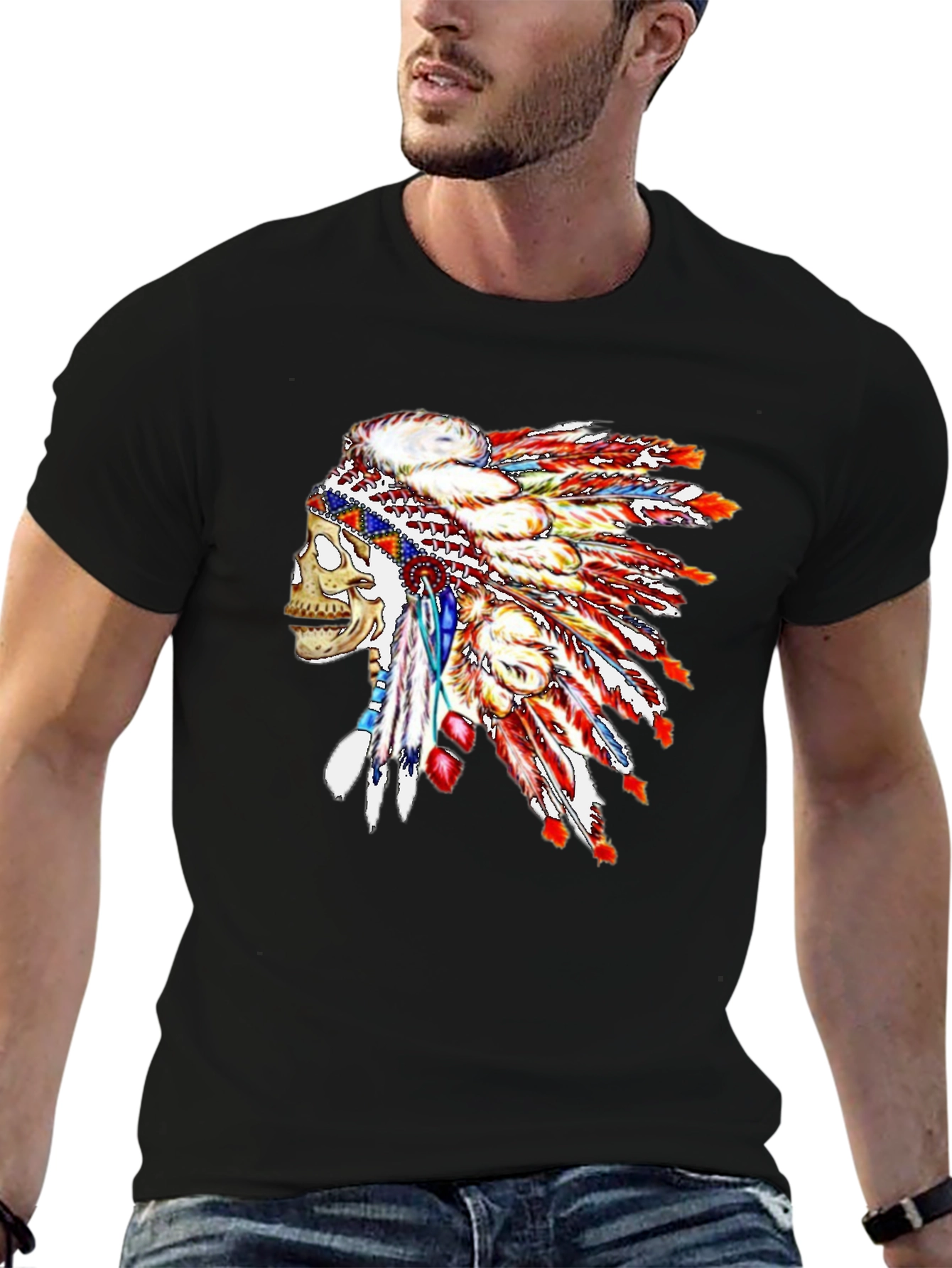 Skull Chief Headdress Graphic Tee - Black Cotton Blend