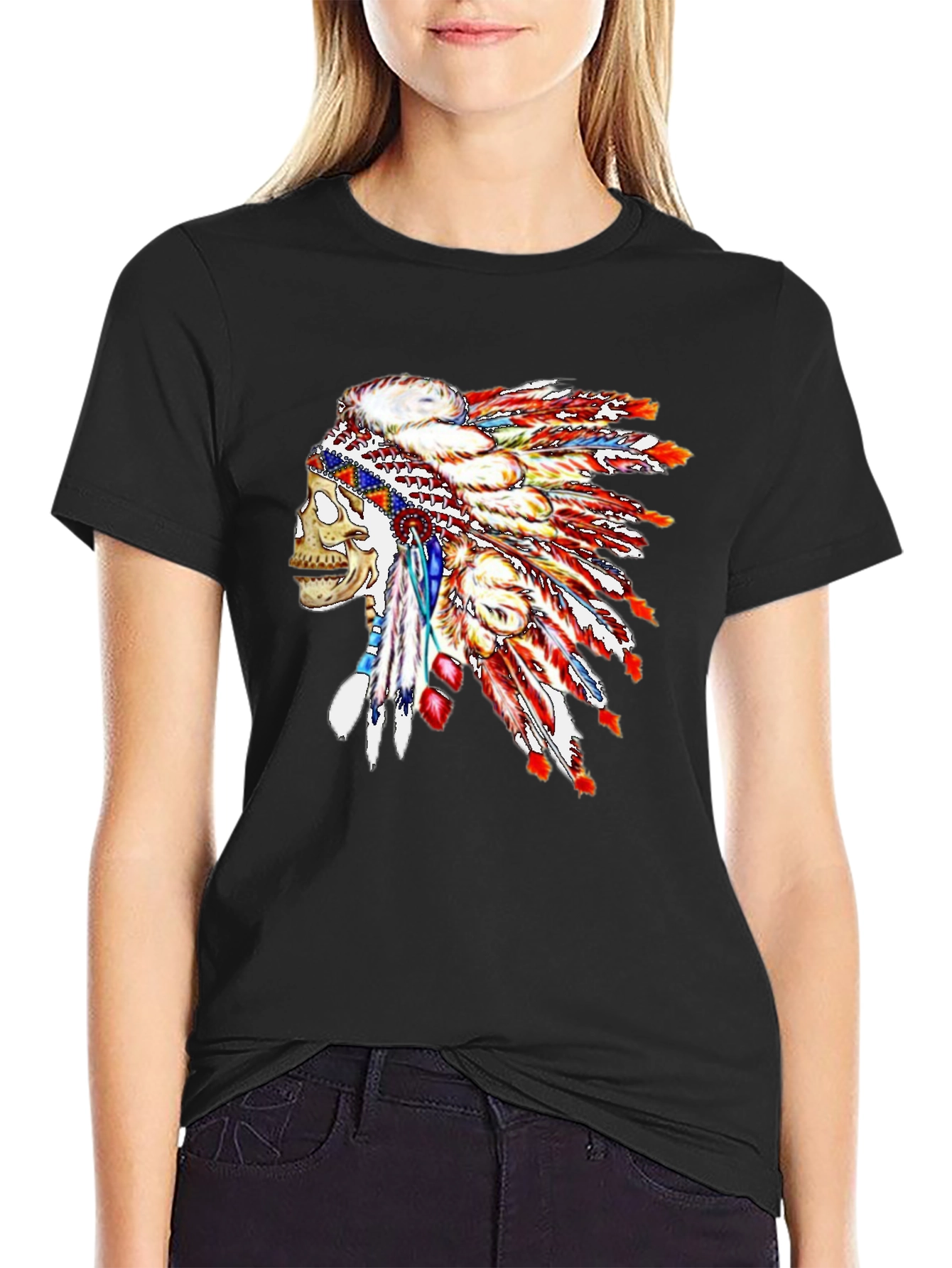 Skull Chief Headdress Graphic Tee - Black Cotton Blend