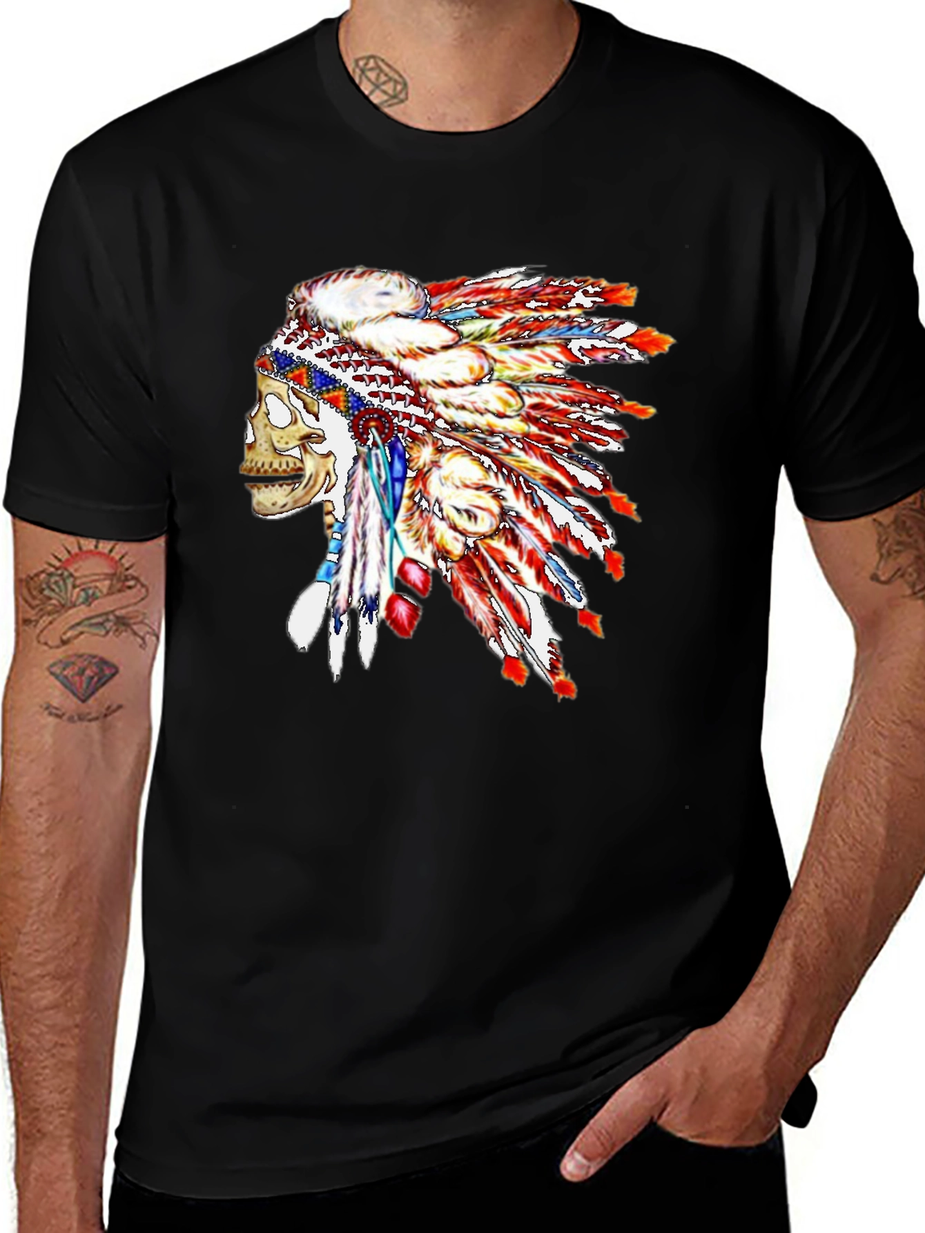 Skull Chief Headdress Graphic Tee - Black Cotton Blend