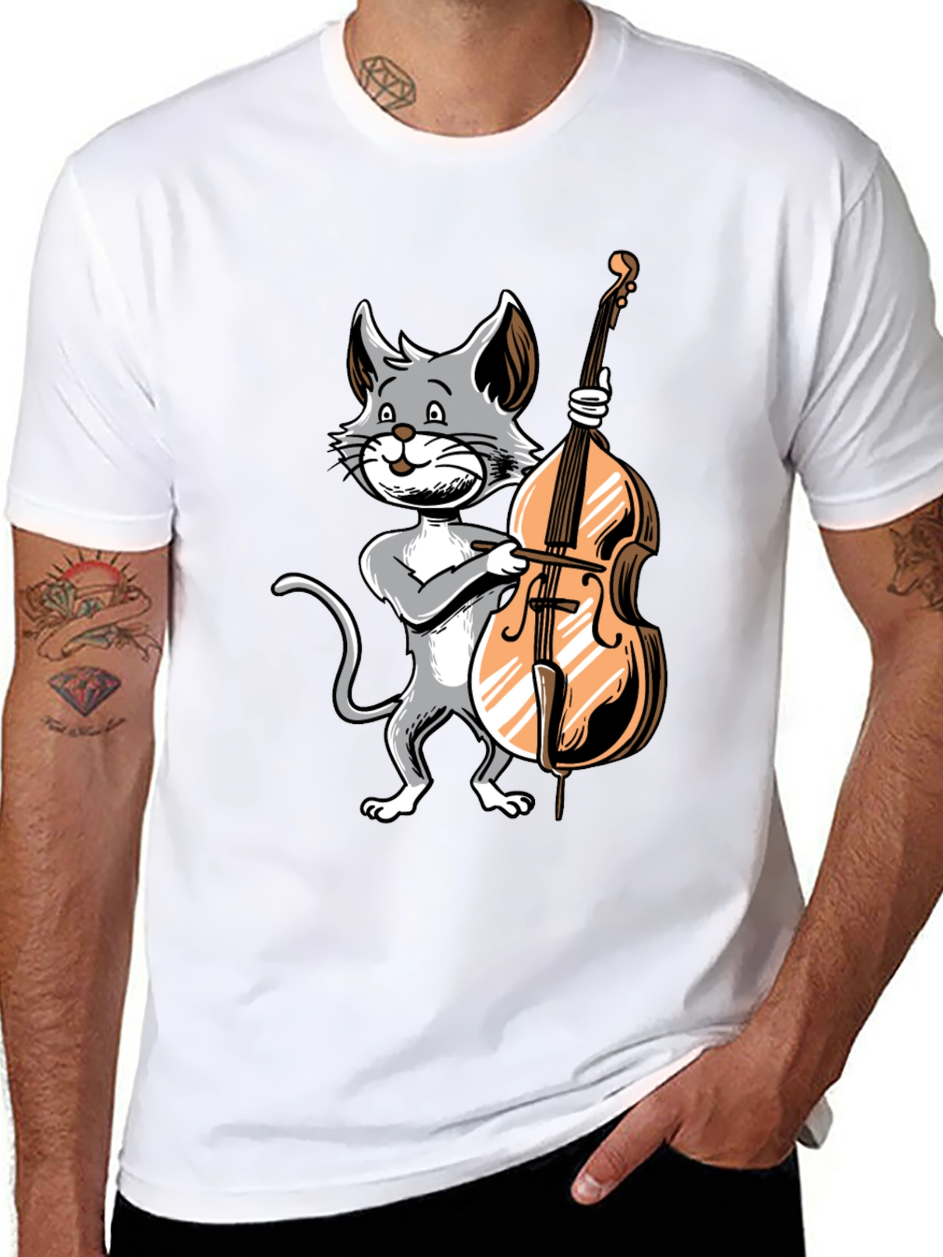 Cat Bass Player Graphic T-Shirt