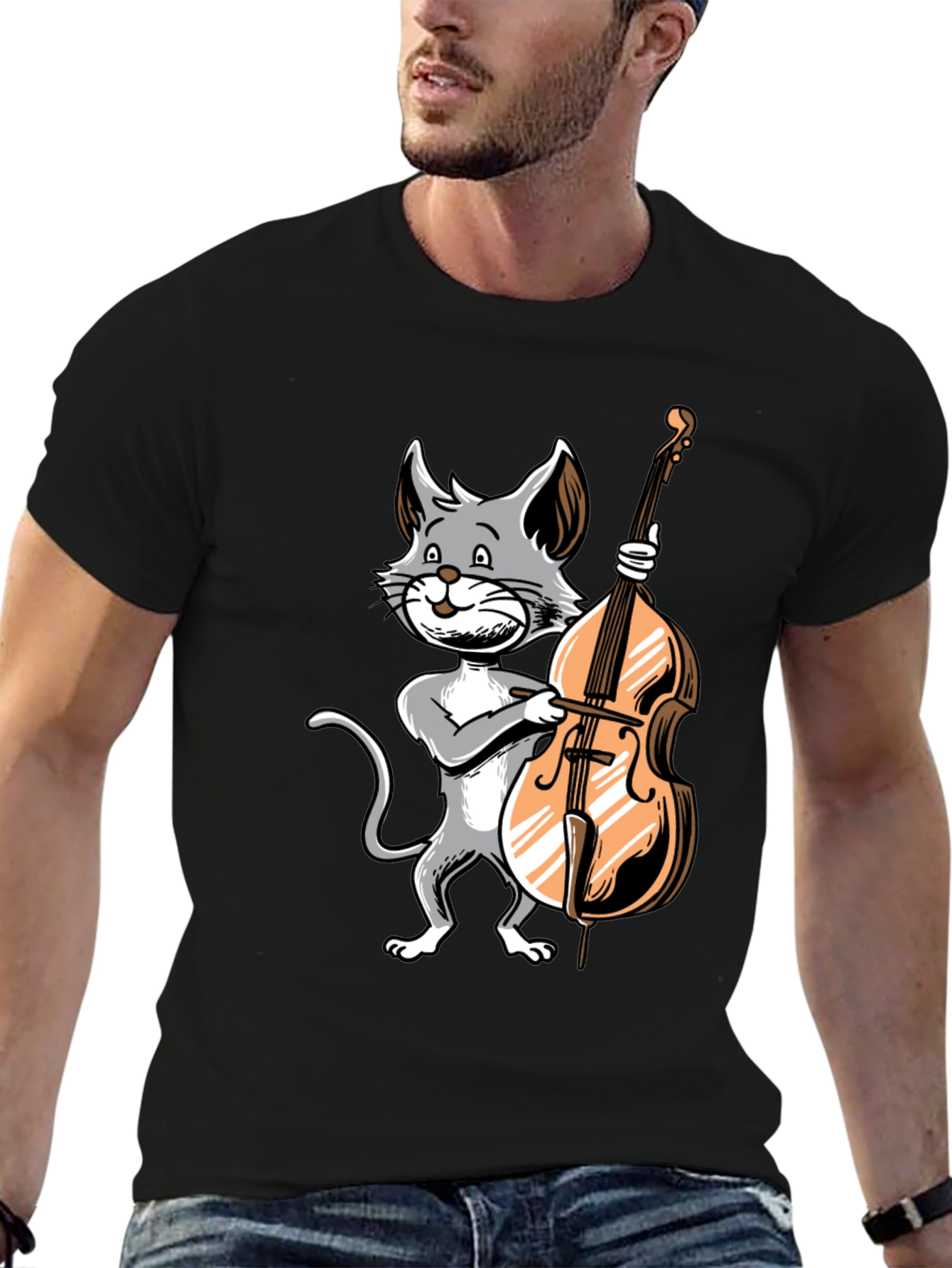 Cat Bass Player Graphic T-Shirt