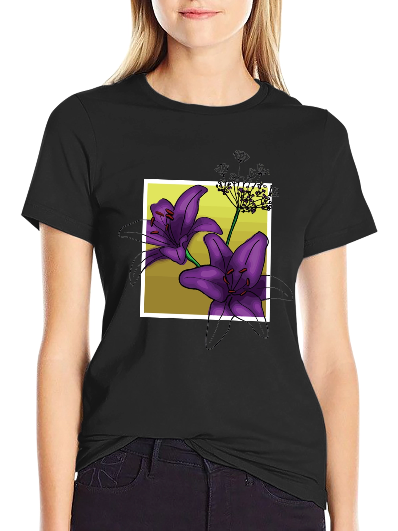 Floral Lily Graphic Black T-Shirt