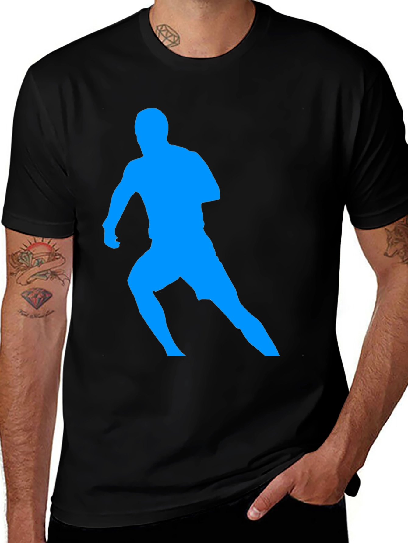 Mens Black T-Shirt with Blue Runner Design