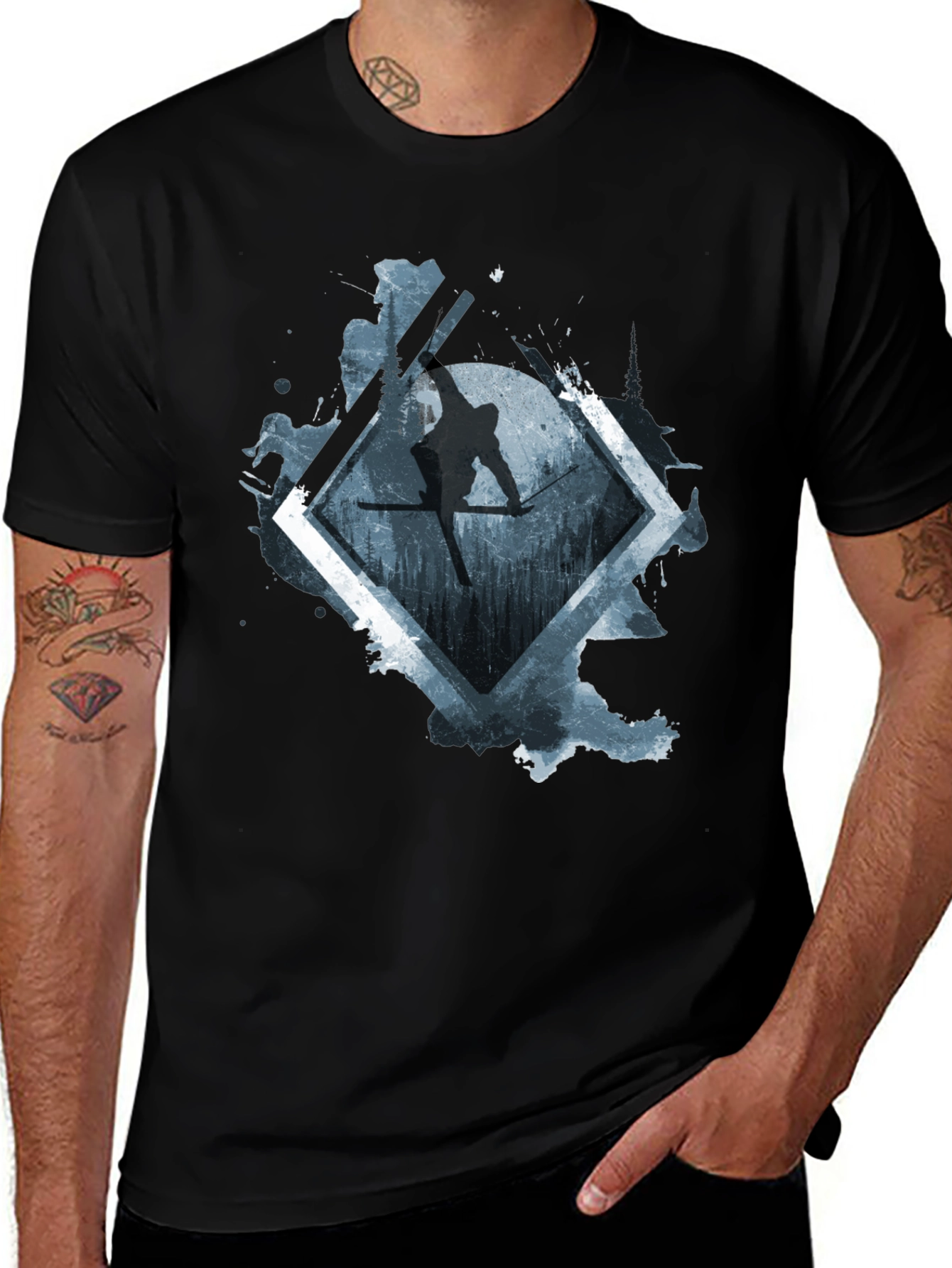 Mens Black Skiing Graphic Tee