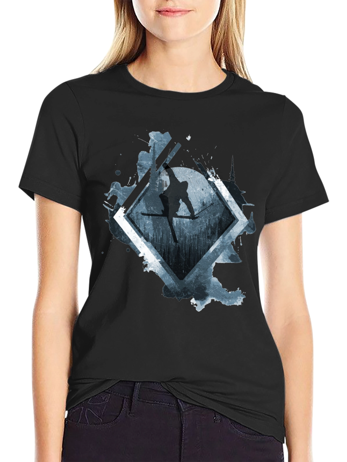 Mens Black Skiing Graphic Tee
