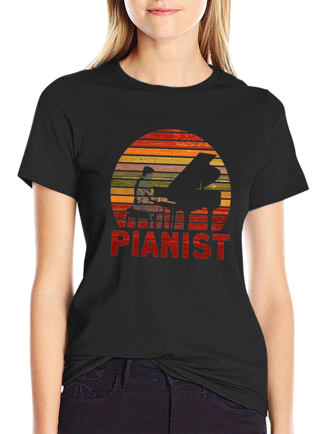 Pianist Sunset Graphic Tee - Black Cotton Casual T-Shirt