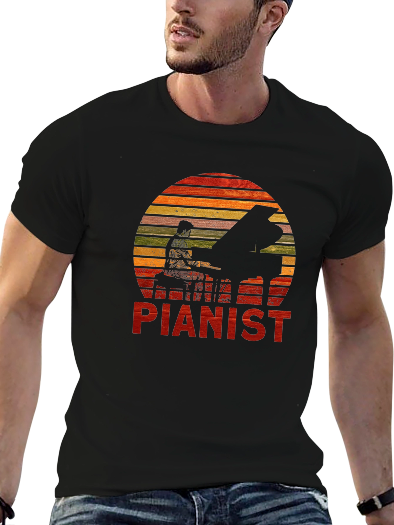 Pianist Sunset Graphic Tee - Black Cotton Casual T-Shirt