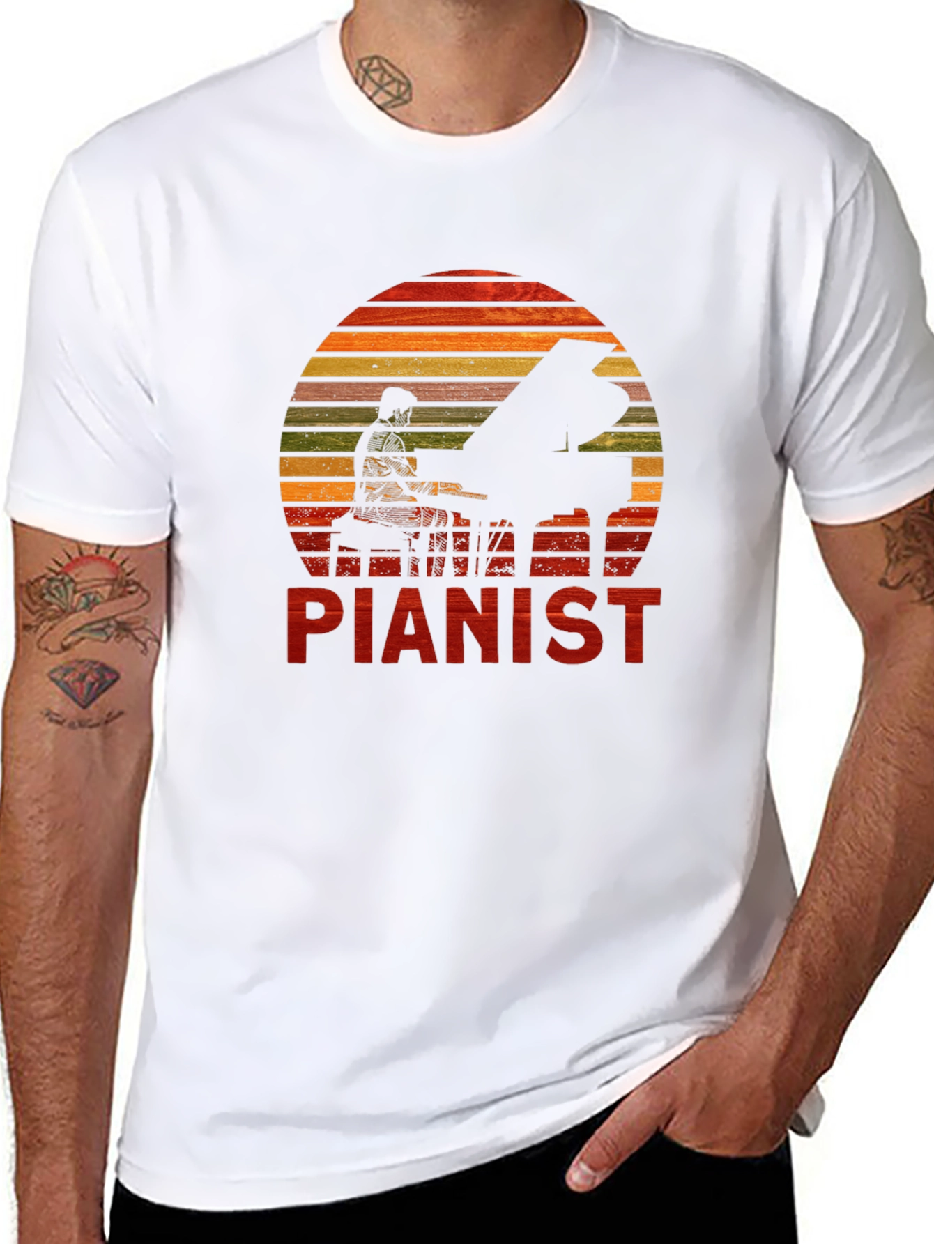 Pianist Sunset Graphic Tee - Black Cotton Casual T-Shirt