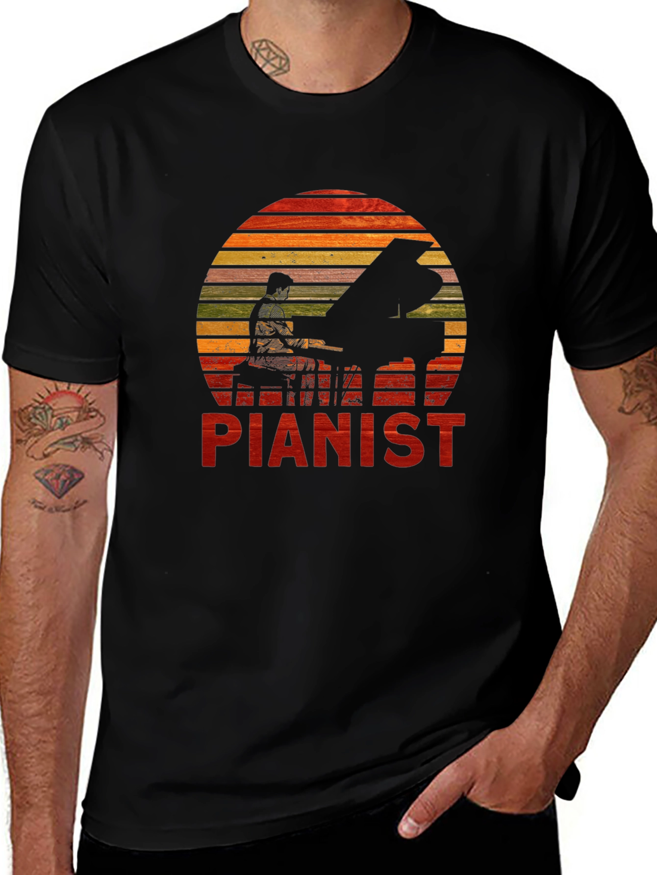Pianist Sunset Graphic Tee - Black Cotton Casual T-Shirt