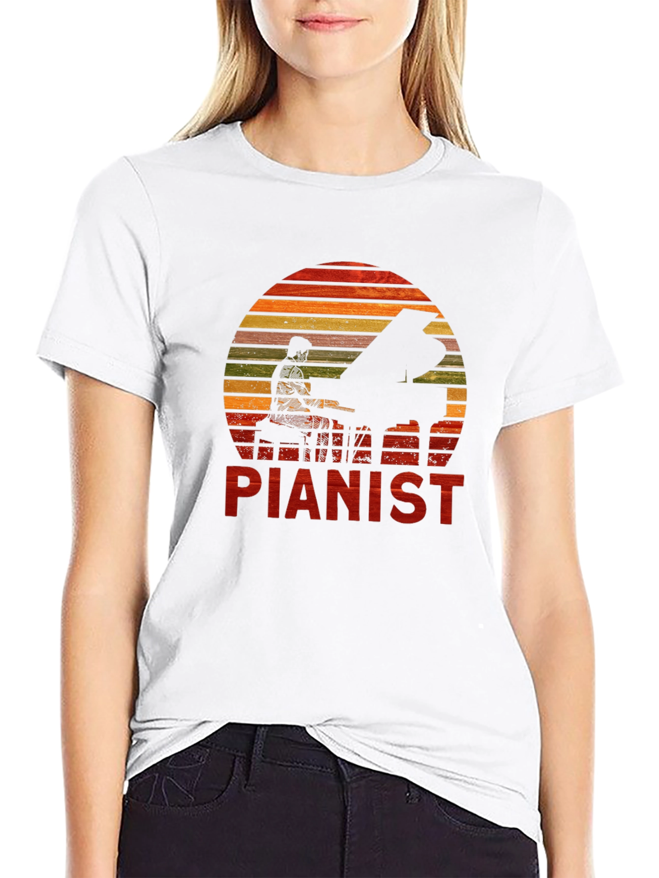 Pianist Sunset Graphic Tee - Black Cotton Casual T-Shirt