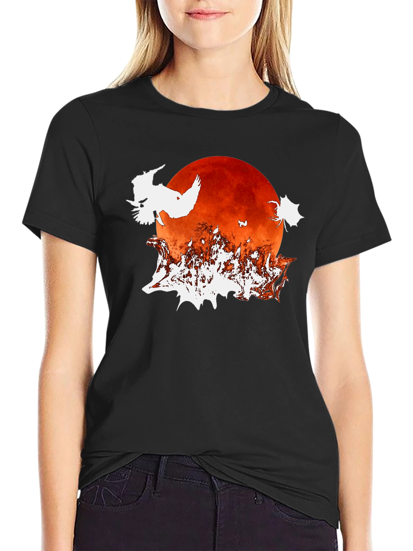 Halloween Owl Moon Graphic T-Shirt - Black