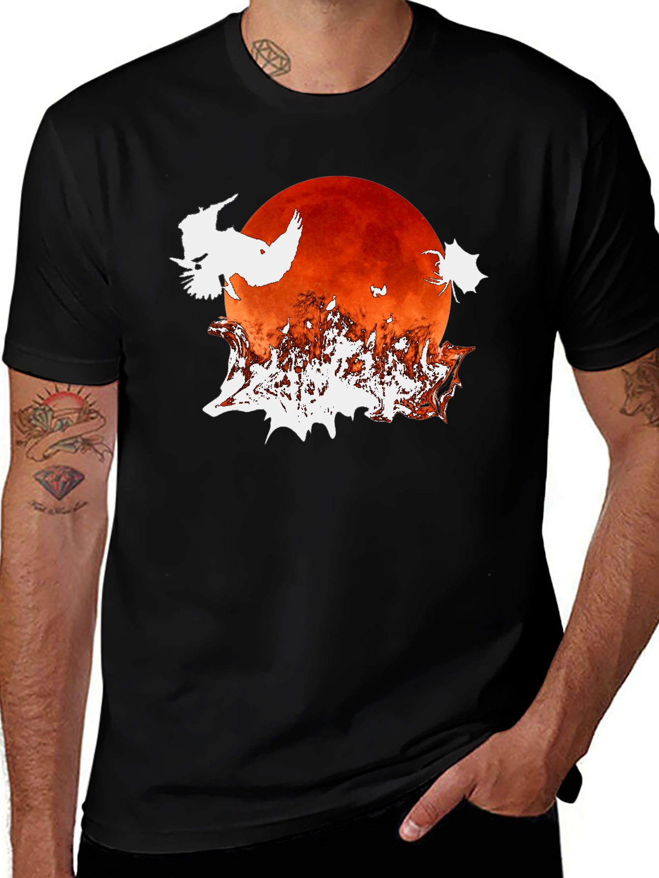 Halloween Owl Moon Graphic T-Shirt - Black