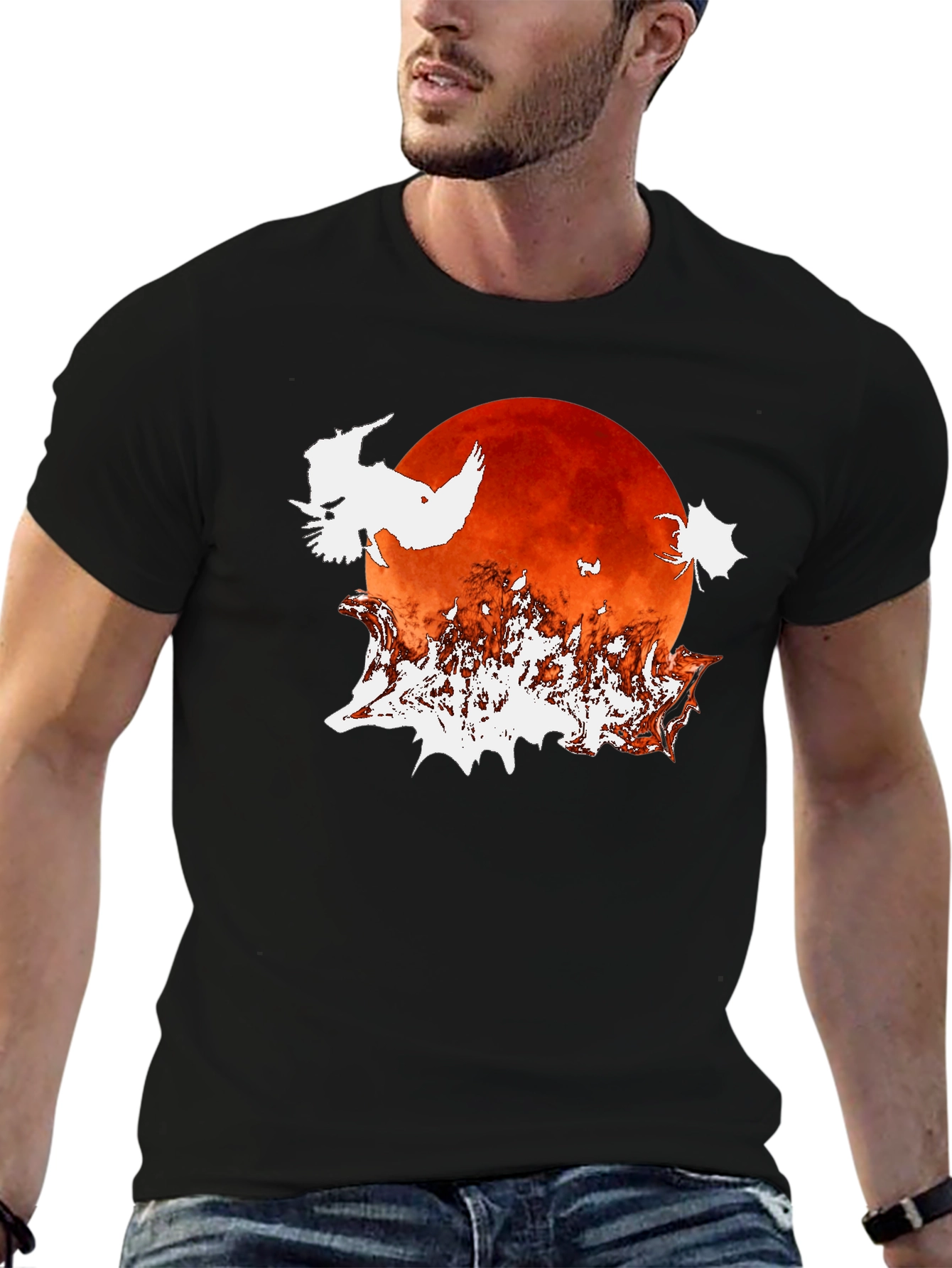 Halloween Owl Moon Graphic T-Shirt - Black