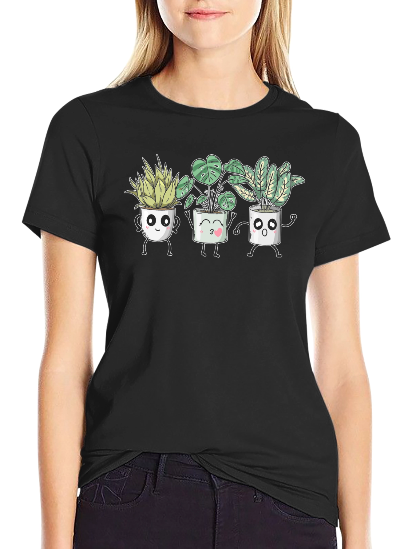 Cute Plant Pot Crew T-Shirt - Black