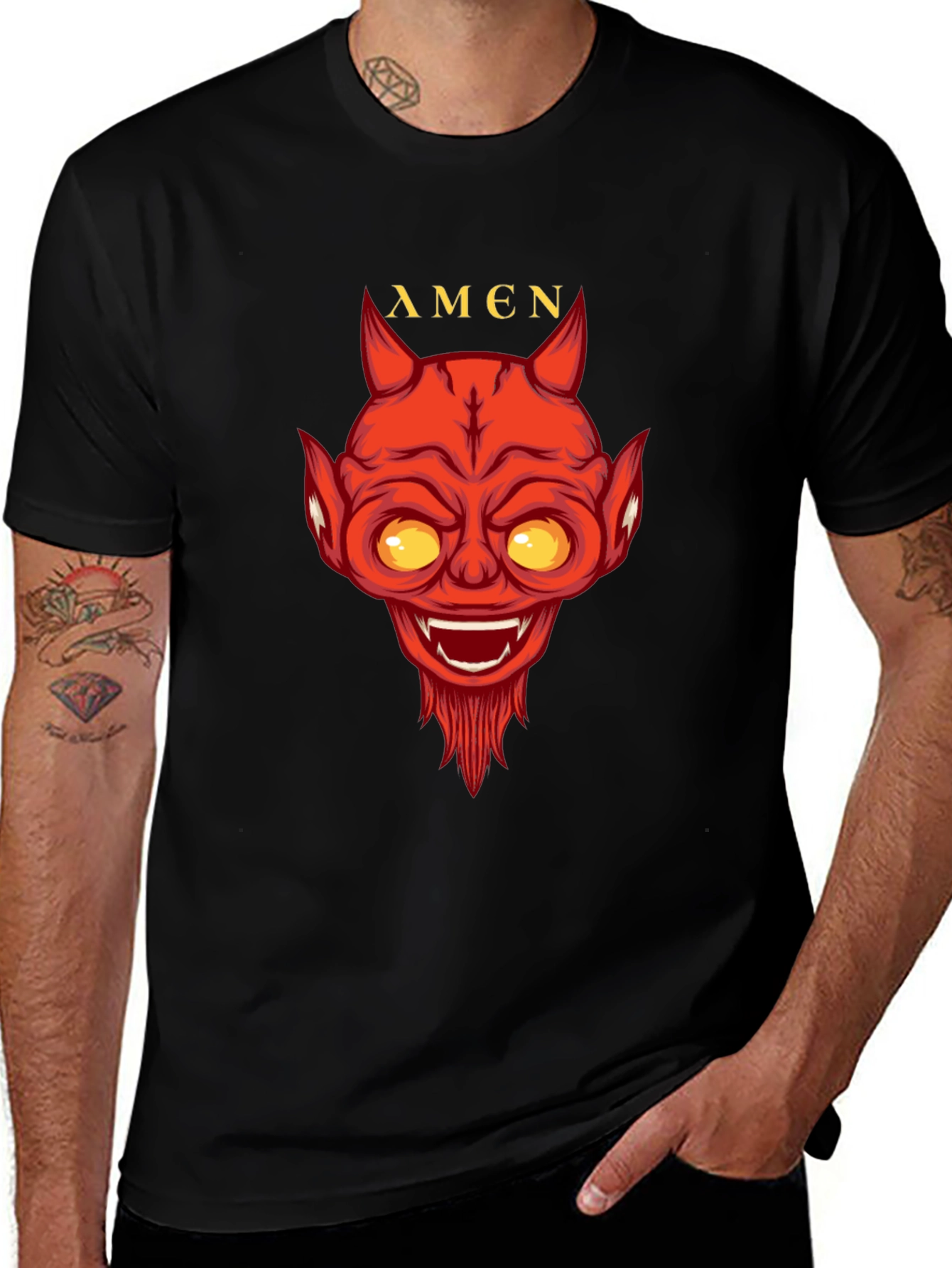Devil Amen Graphic Print Black T-Shirt