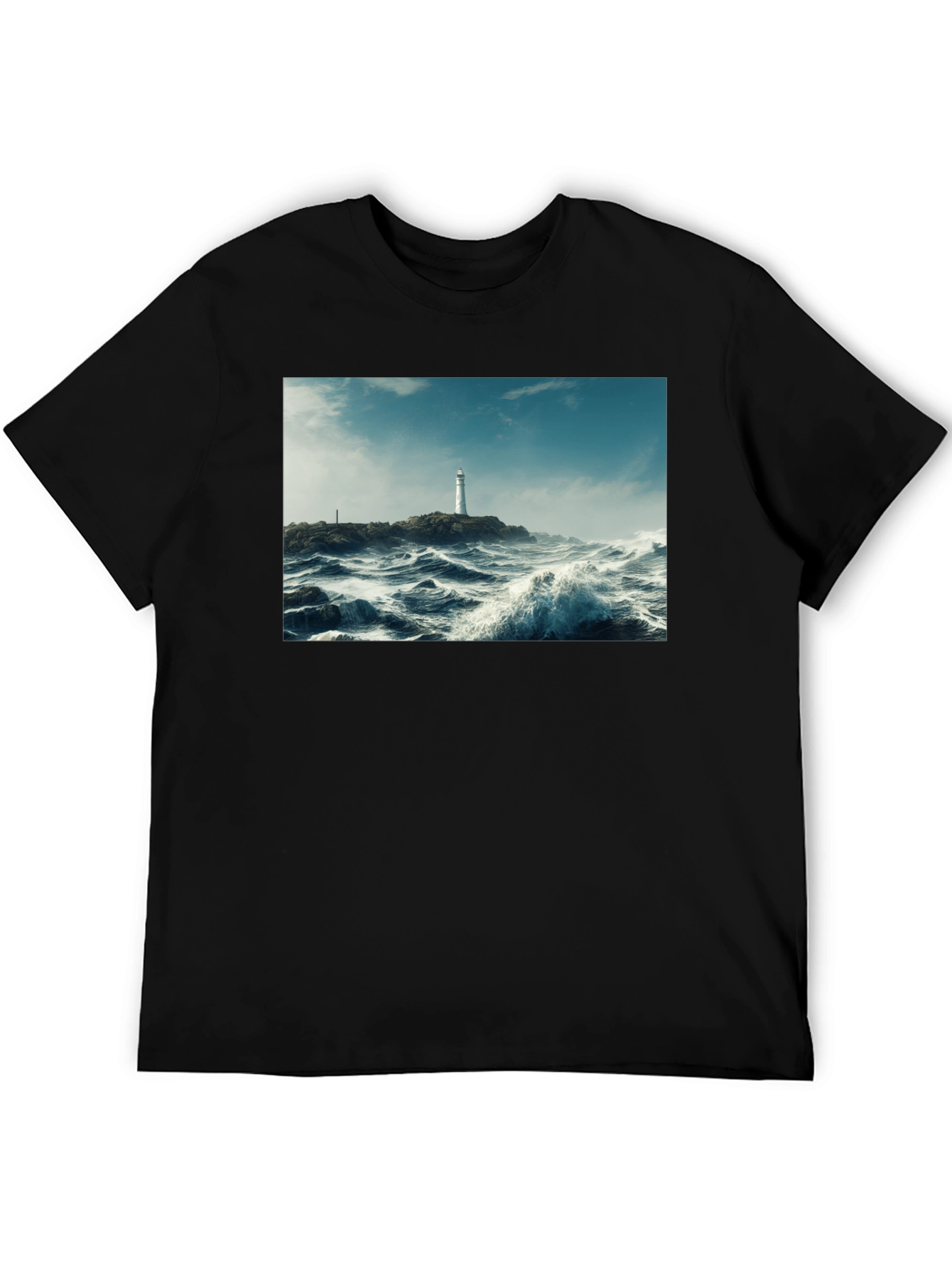 Lighthouse Waves Graphic Black T-Shirt