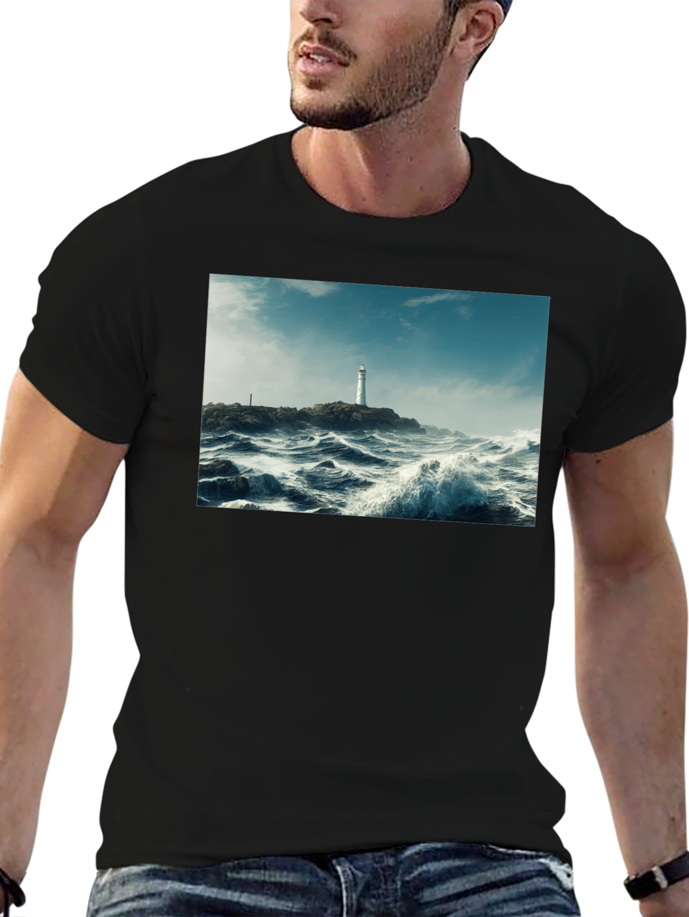 Lighthouse Waves Graphic Black T-Shirt