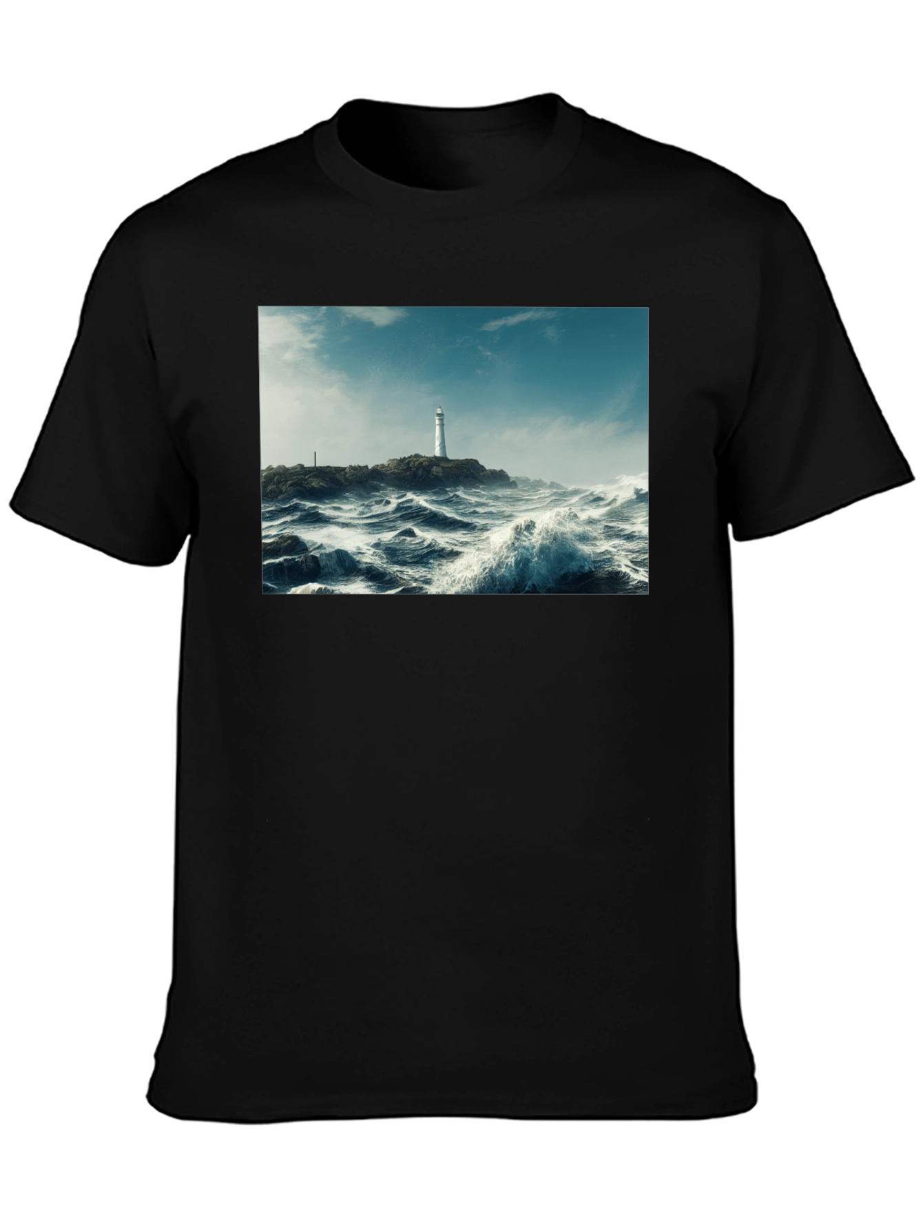Lighthouse Waves Graphic Black T-Shirt
