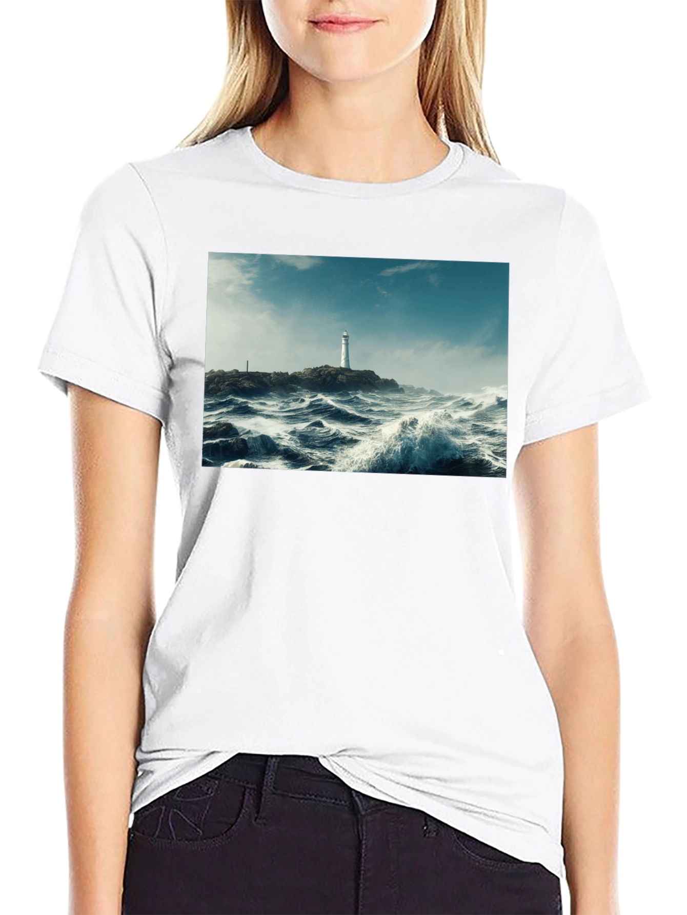Lighthouse Waves Graphic Black T-Shirt