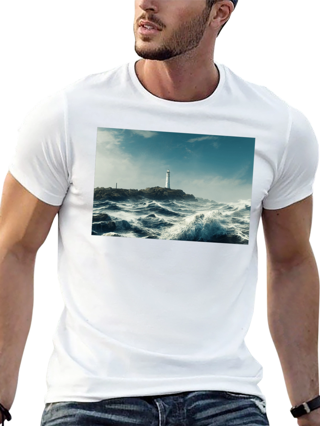 Lighthouse Waves Graphic Black T-Shirt