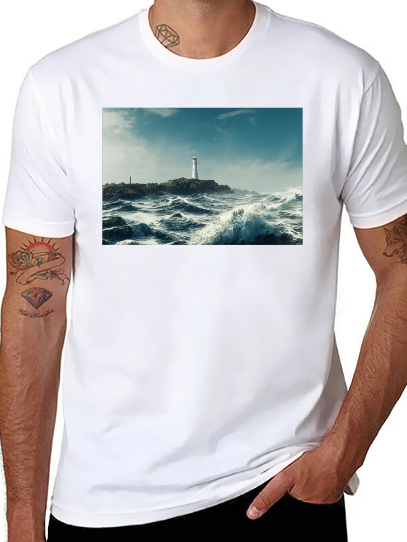 Lighthouse Waves Graphic Black T-Shirt