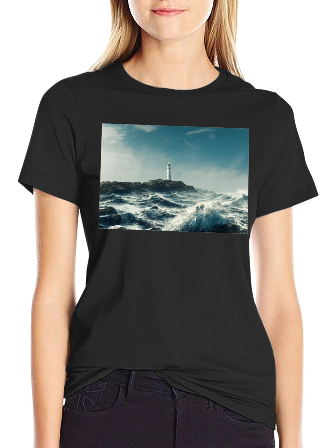 Lighthouse Waves Graphic Black T-Shirt