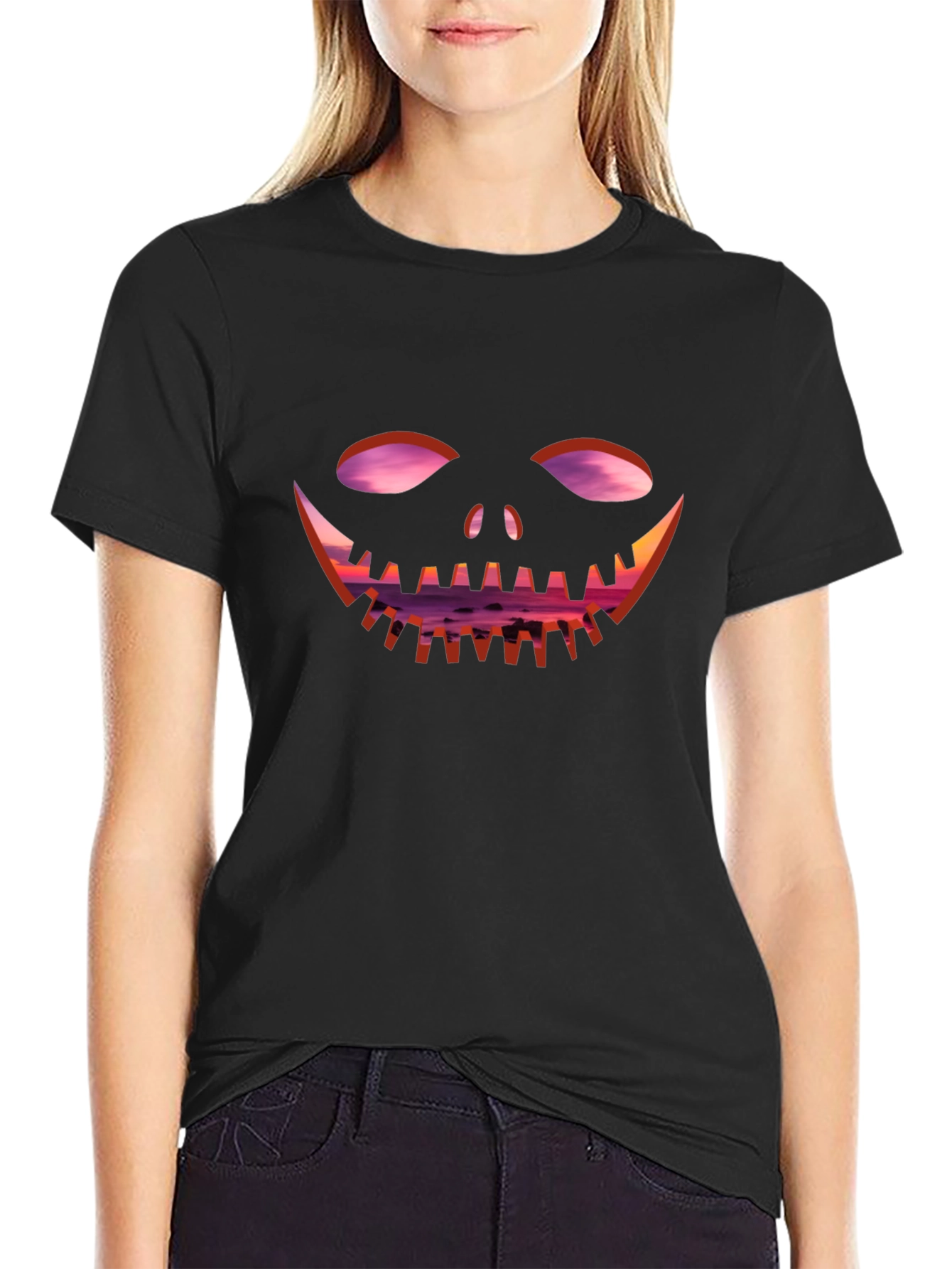 Spooky Sunset Pumpkin Face T-Shirt