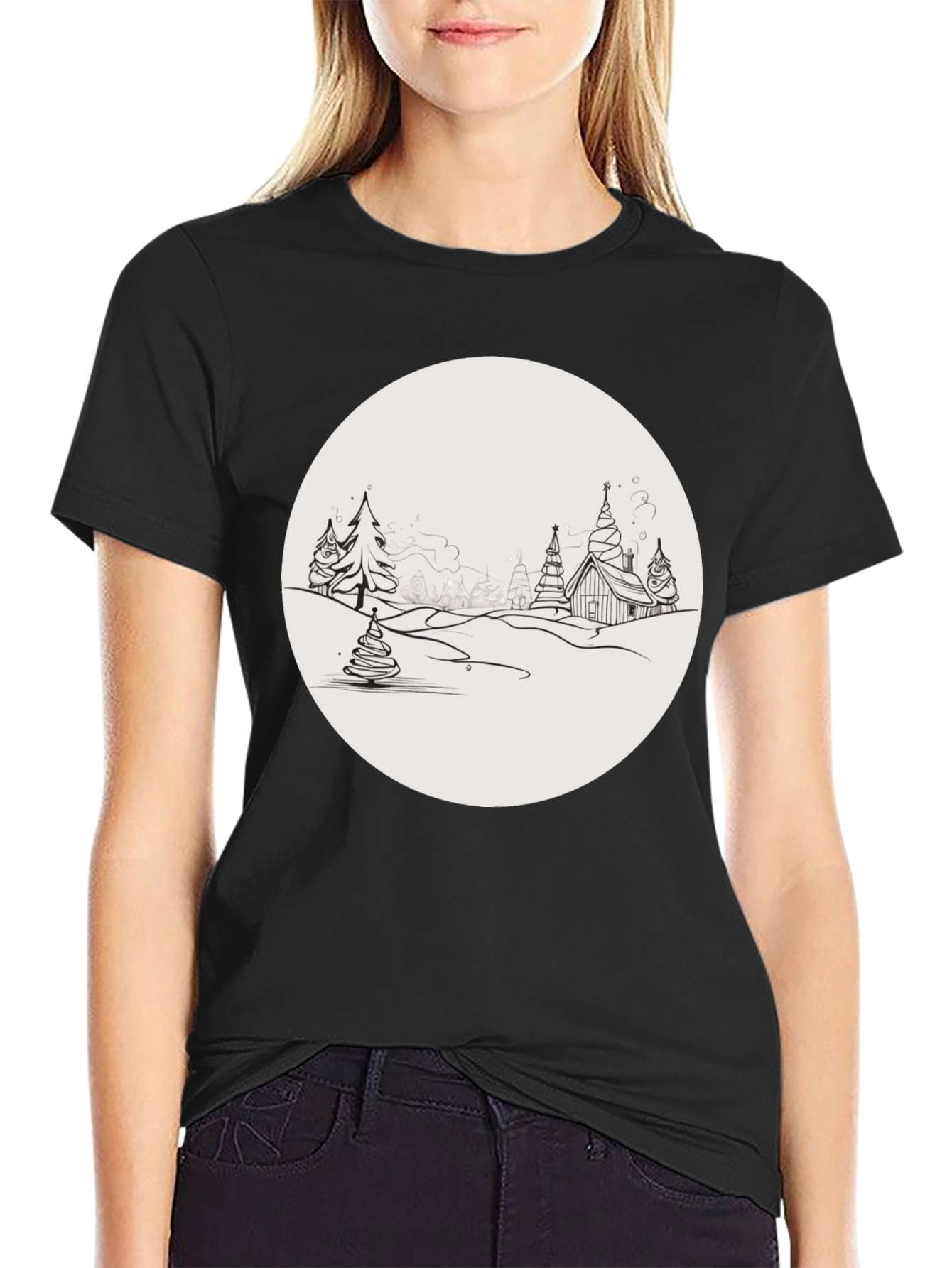 Winter Village Graphic Tee - Black Cotton Blend