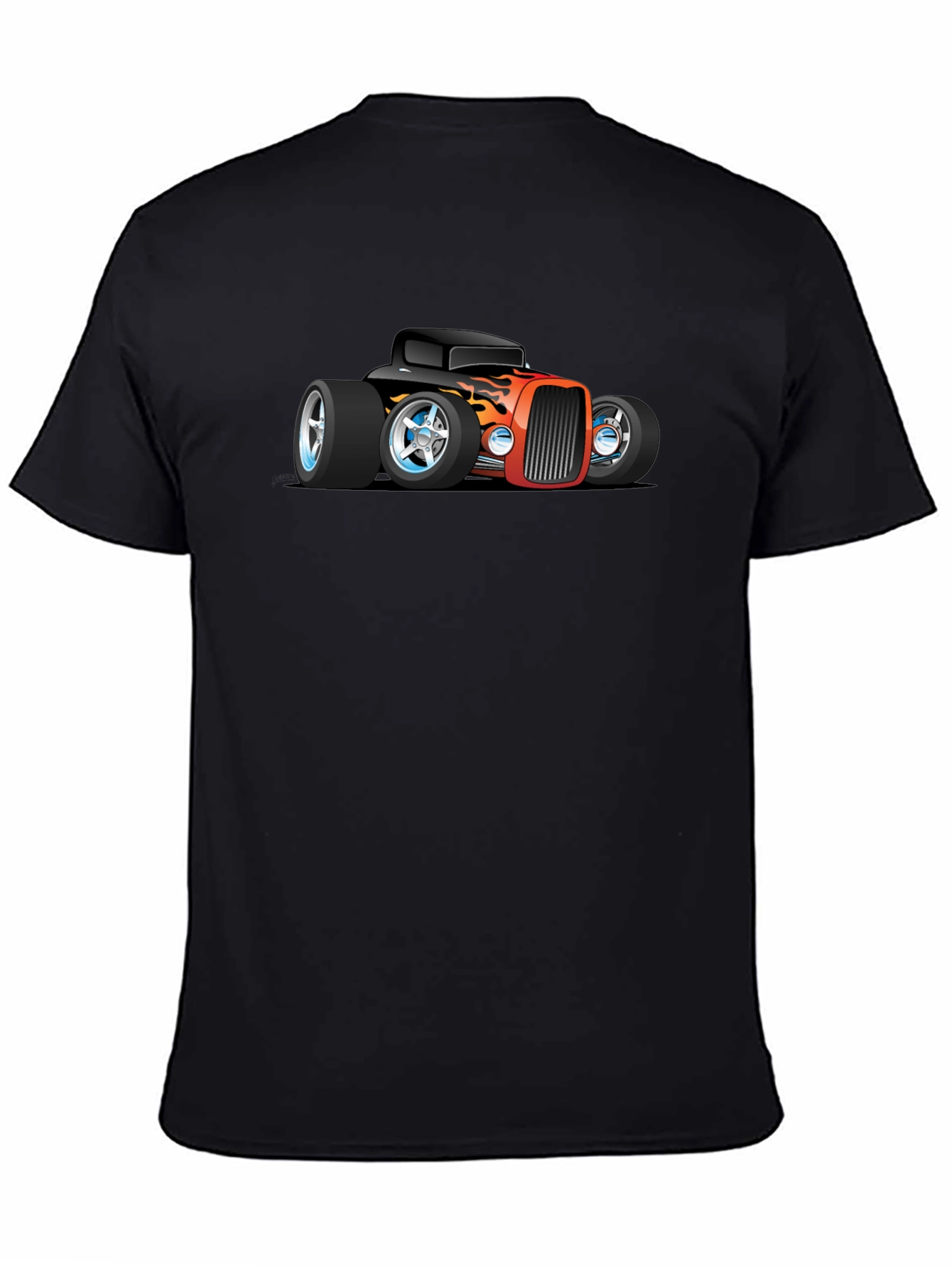 Cartoon Hot Rod Car Graphic Black T-Shirt