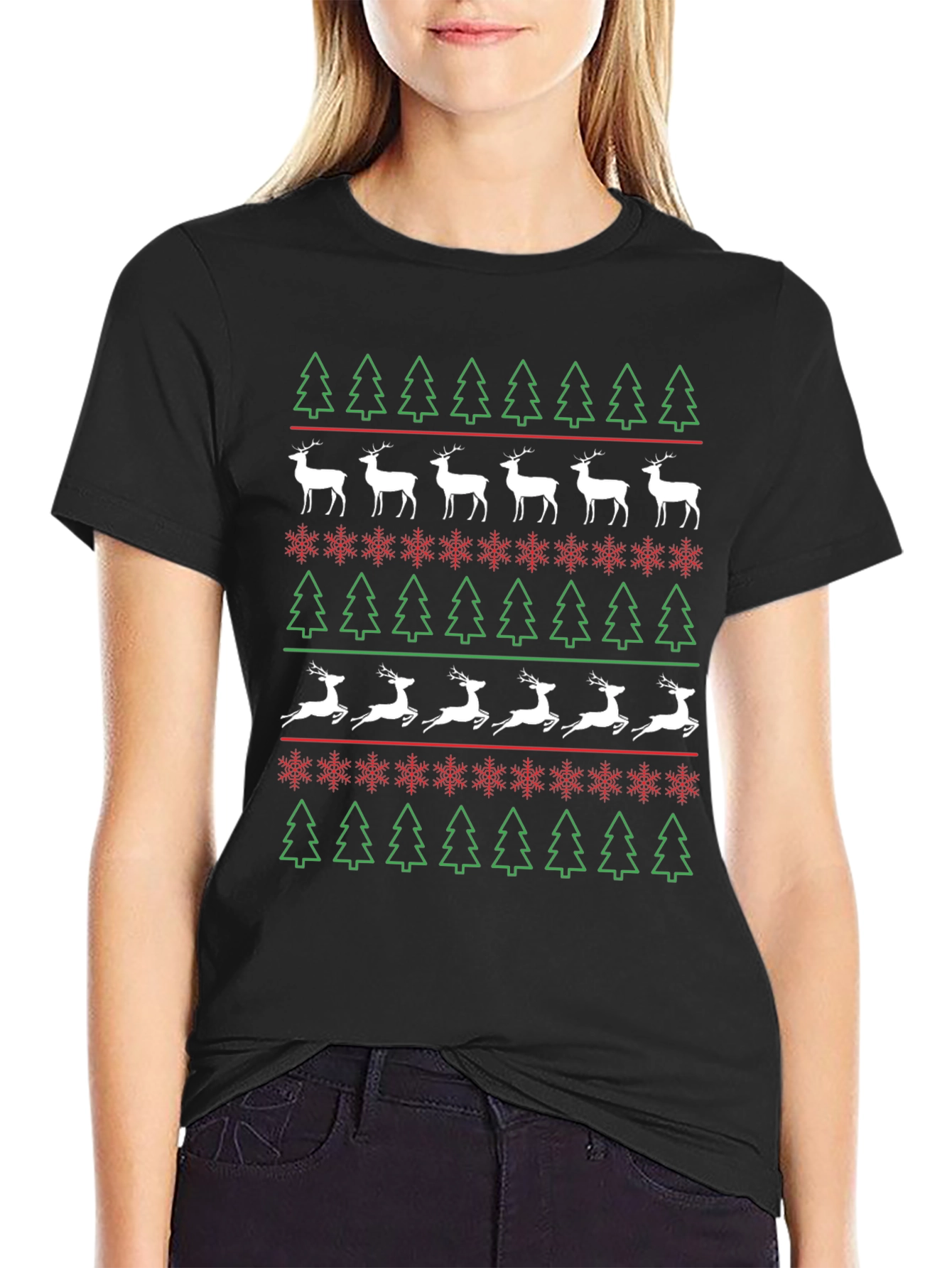 Christmas Tree & Reindeer Pattern T-Shirt