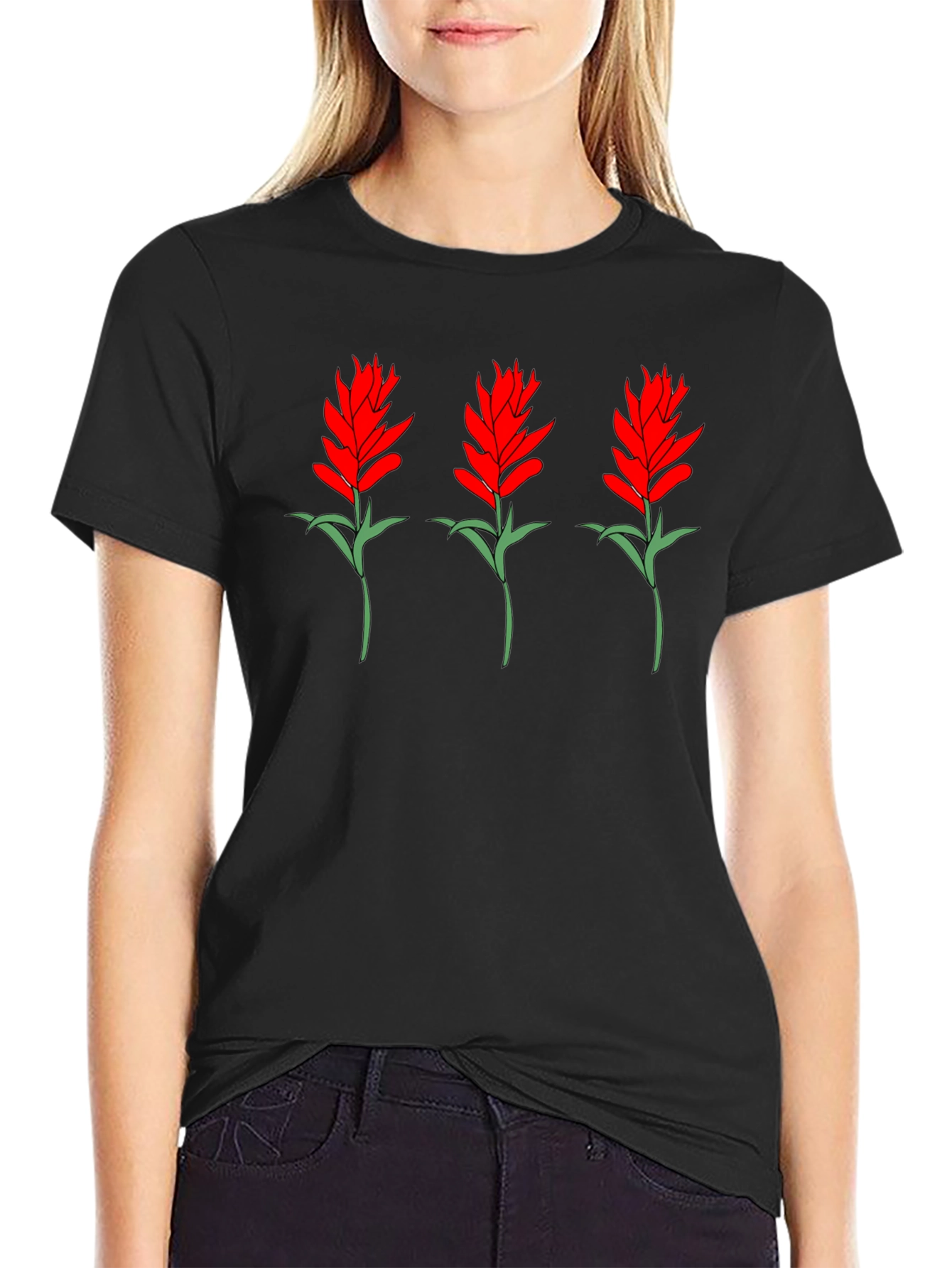 Floral Print Tee - Red Flower Bouquet Design
