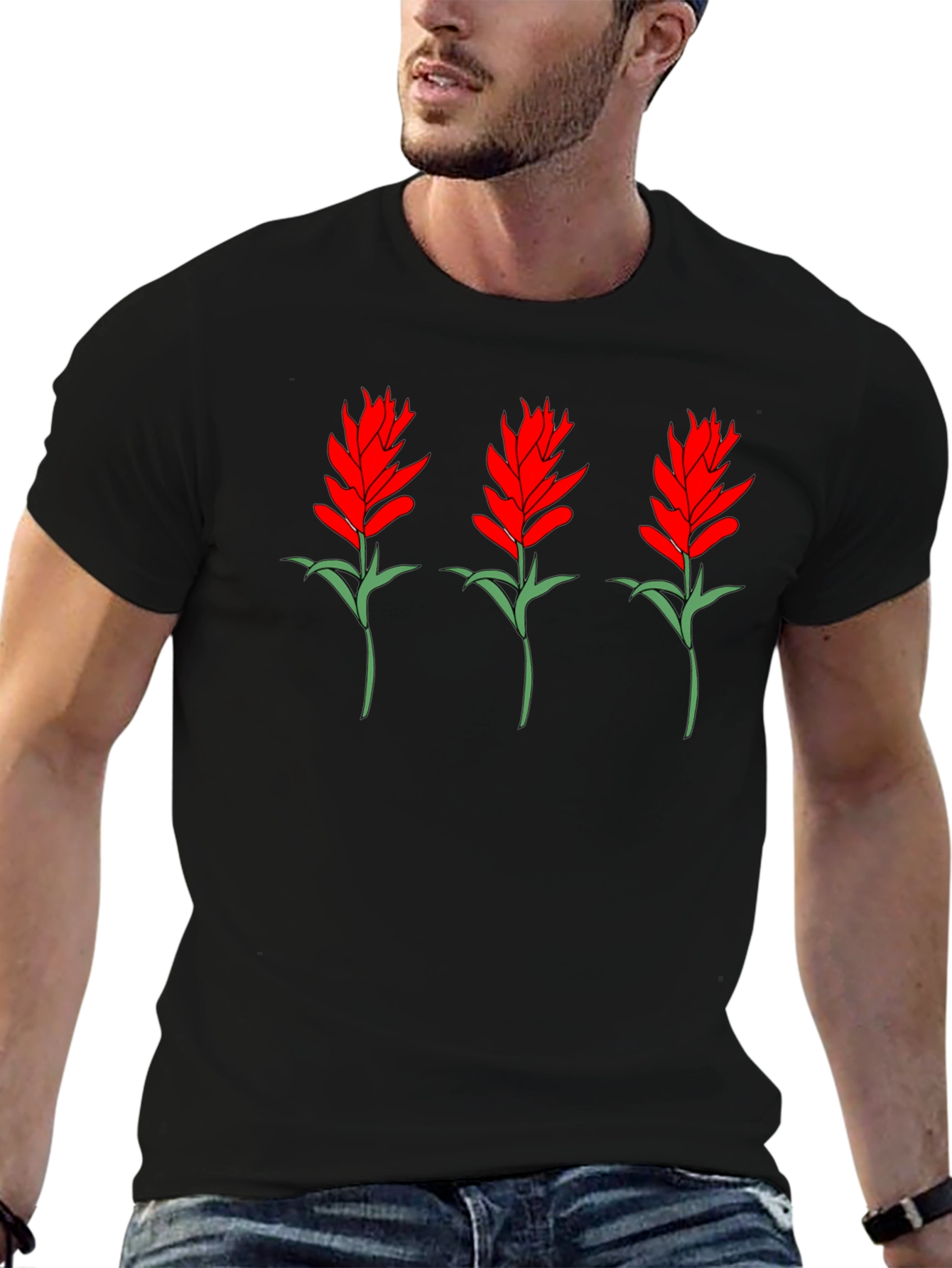 Floral Print Tee - Red Flower Bouquet Design