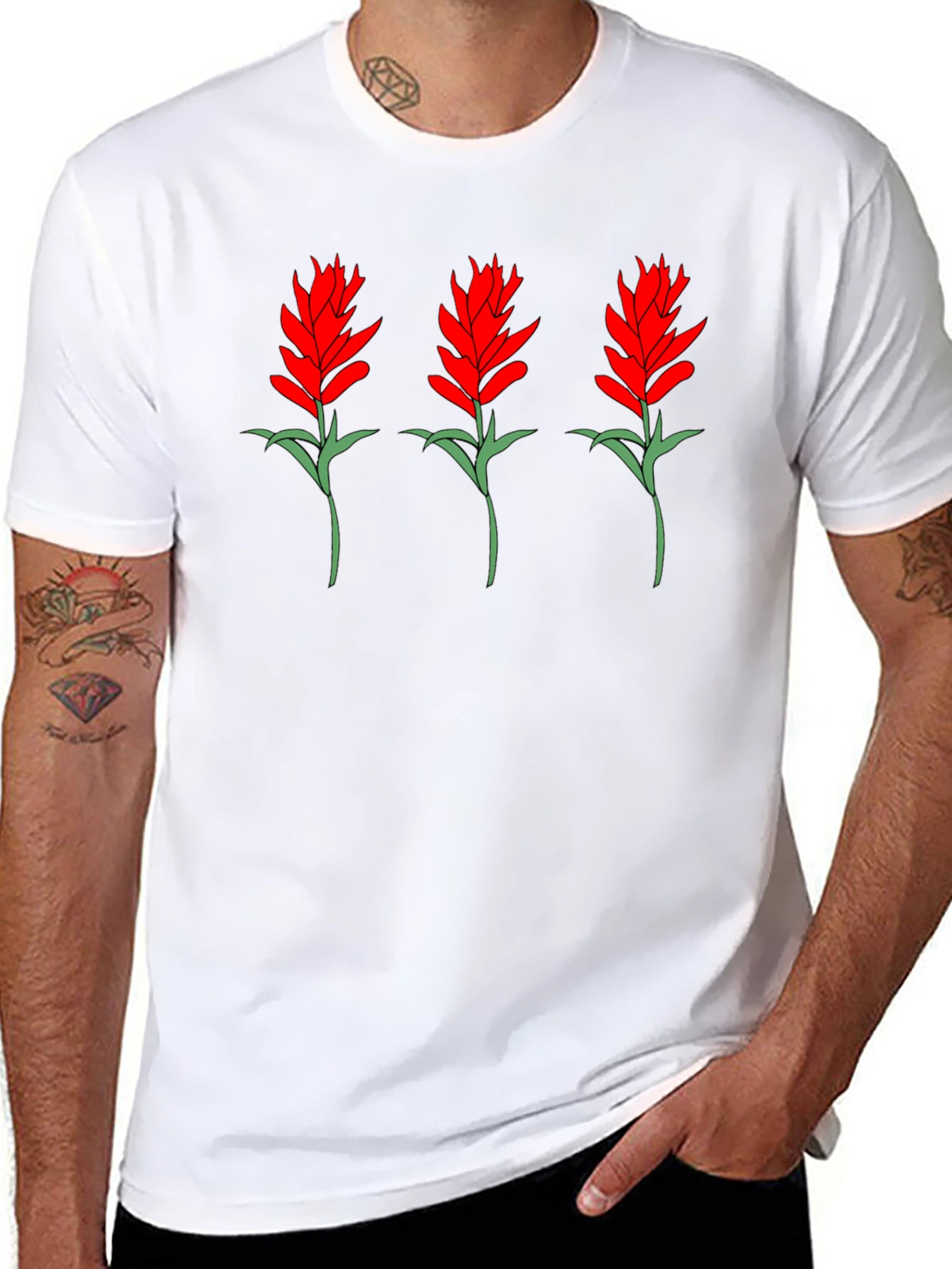 Floral Print Tee - Red Flower Bouquet Design
