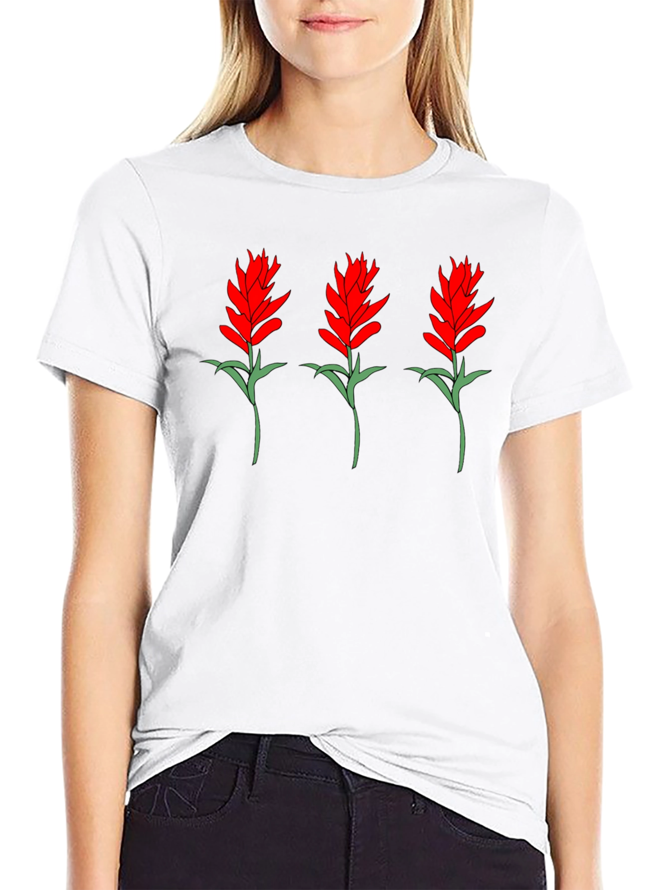 Floral Print Tee - Red Flower Bouquet Design