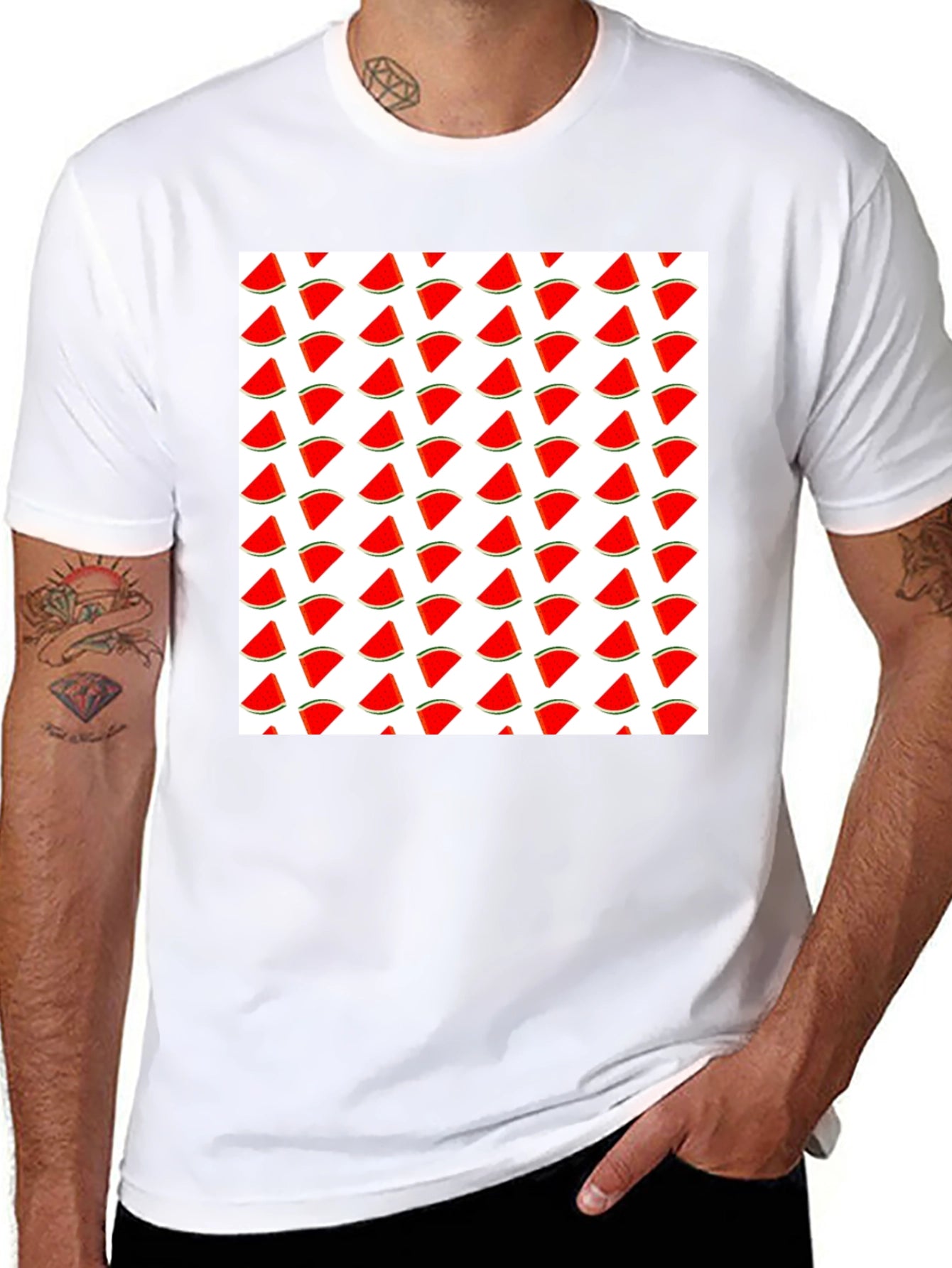 Watermelon Slice Pattern T-Shirt - Black Cotton Tee