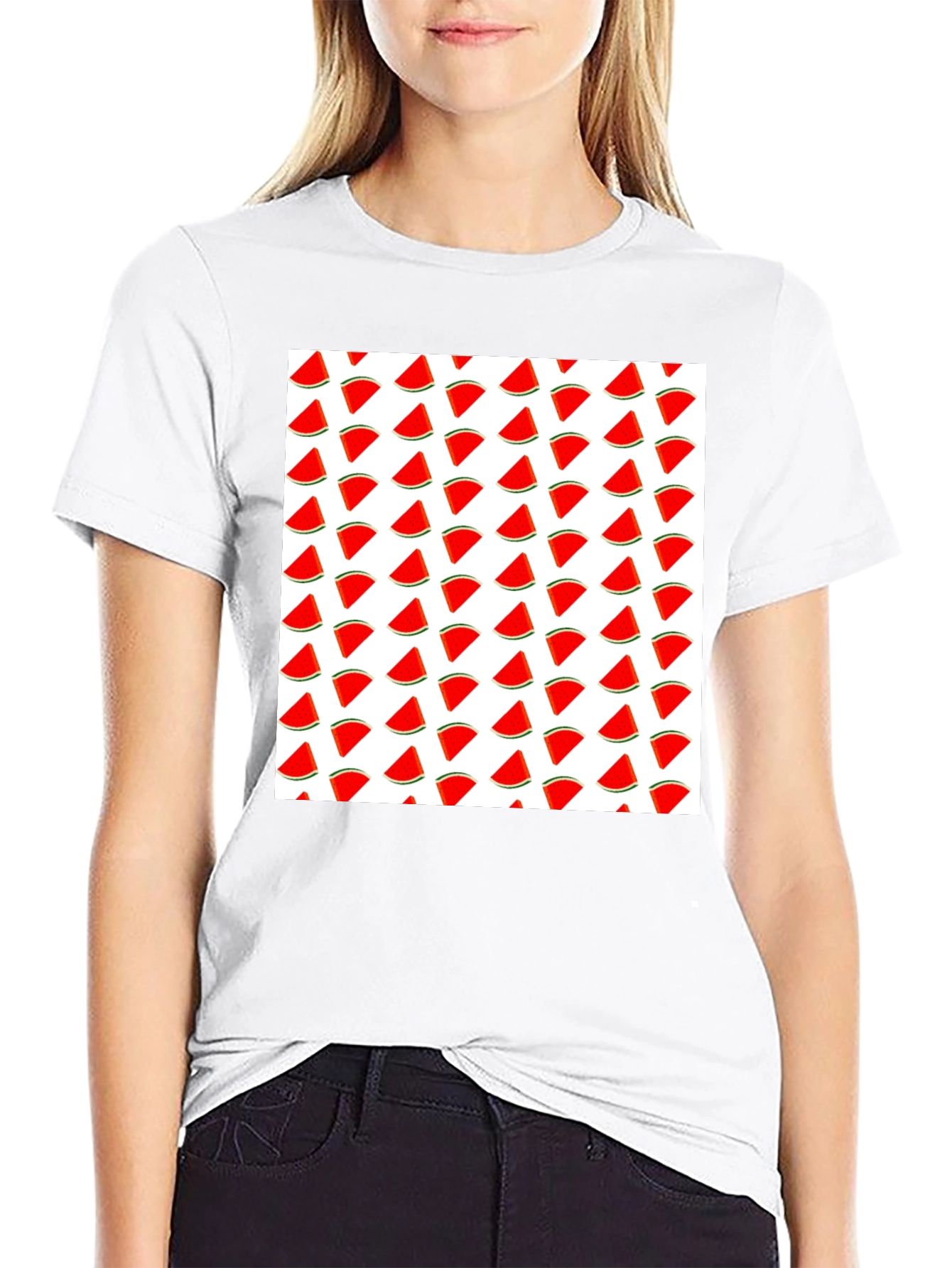Watermelon Slice Pattern T-Shirt - Black Cotton Tee
