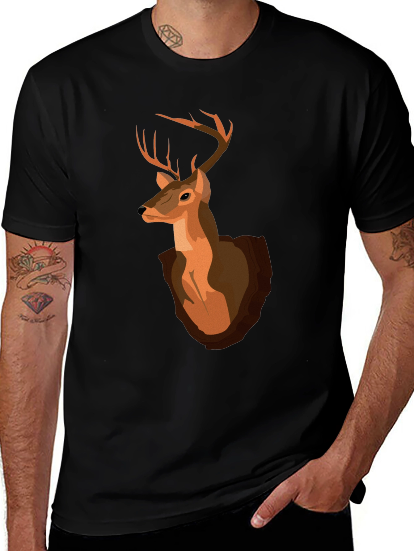 Deer Head Graphic T-Shirt - Black Cotton Tee