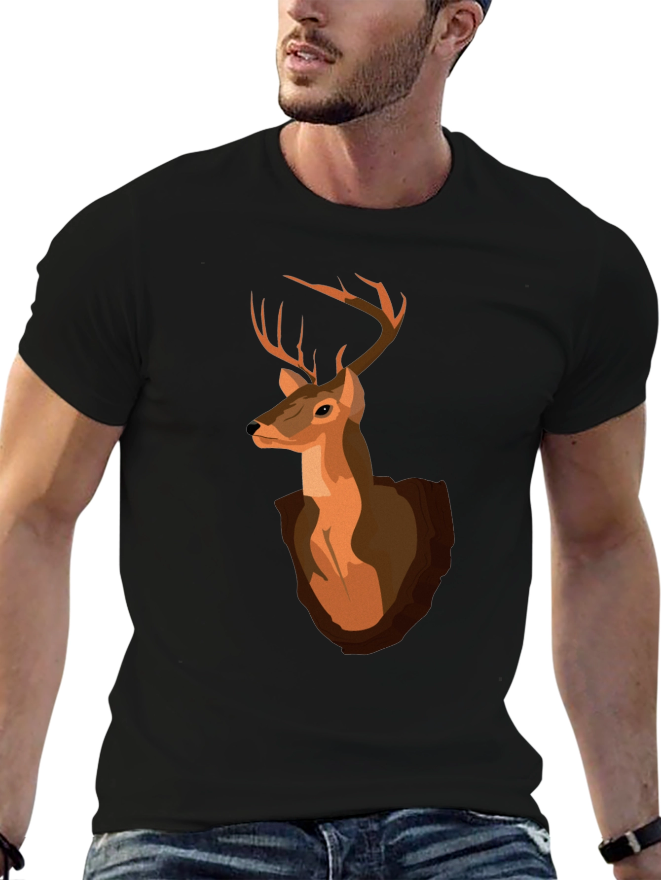 Deer Head Graphic T-Shirt - Black Cotton Tee