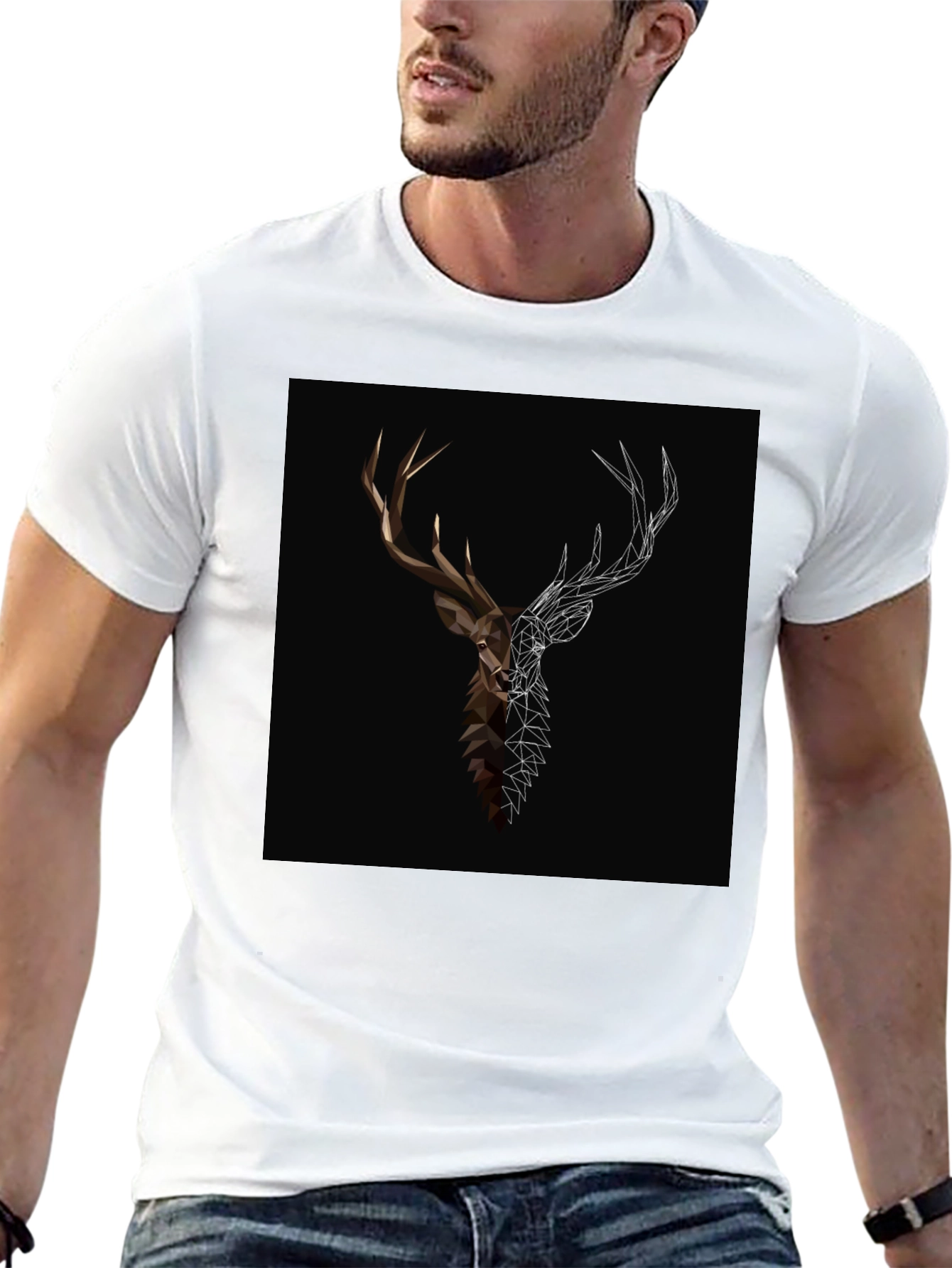 Geometric Deer Graphic Tee - Black Cotton Blend