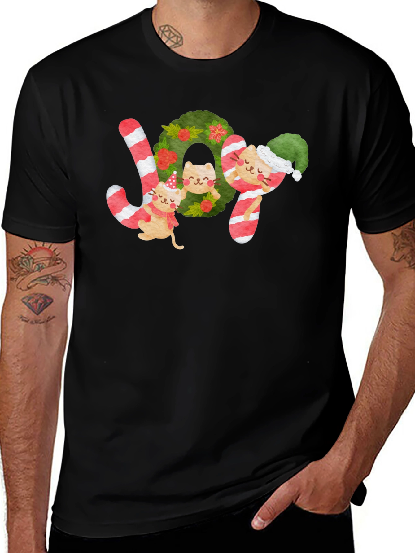Festive Cat JOY Christmas T-Shirt