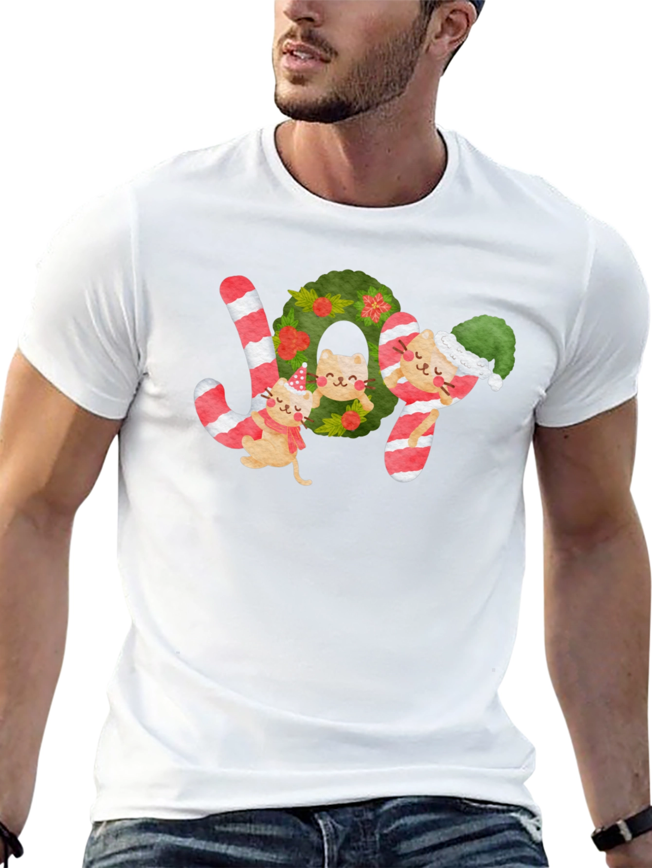 Festive Cat JOY Christmas T-Shirt