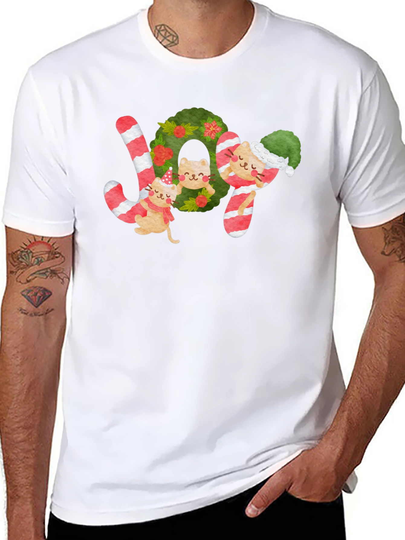 Festive Cat JOY Christmas T-Shirt