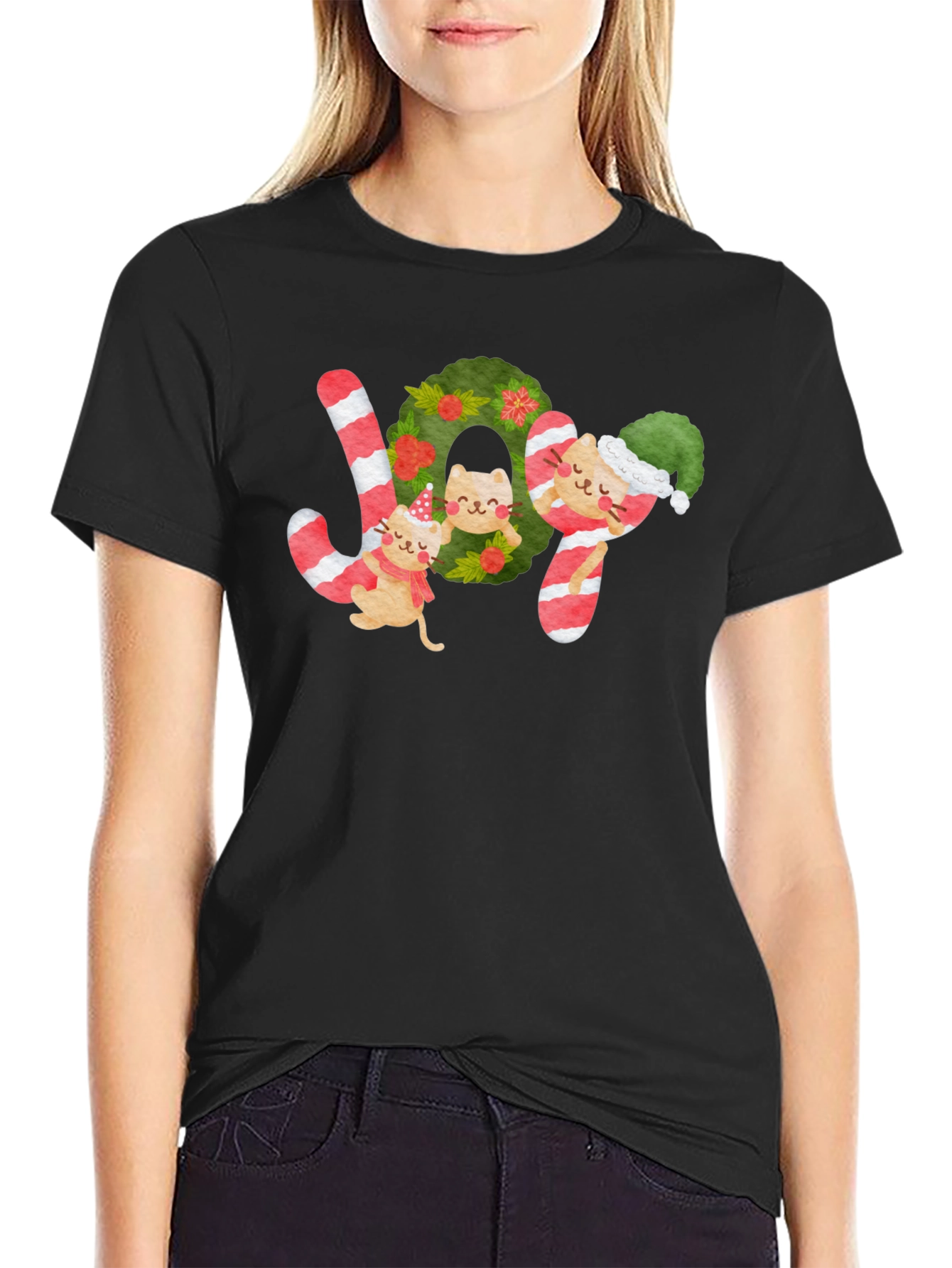 Festive Cat JOY Christmas T-Shirt