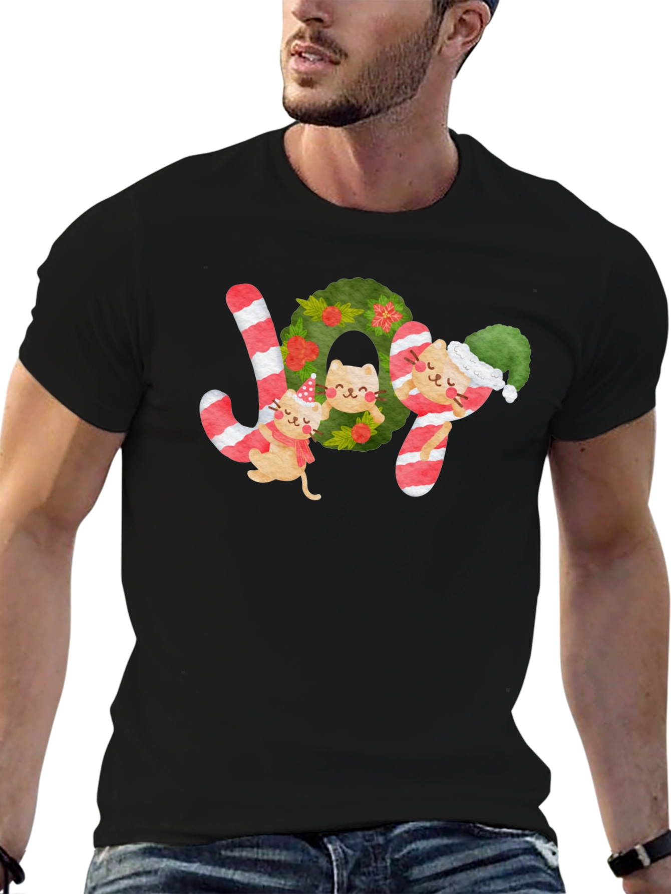 Festive Cat JOY Christmas T-Shirt